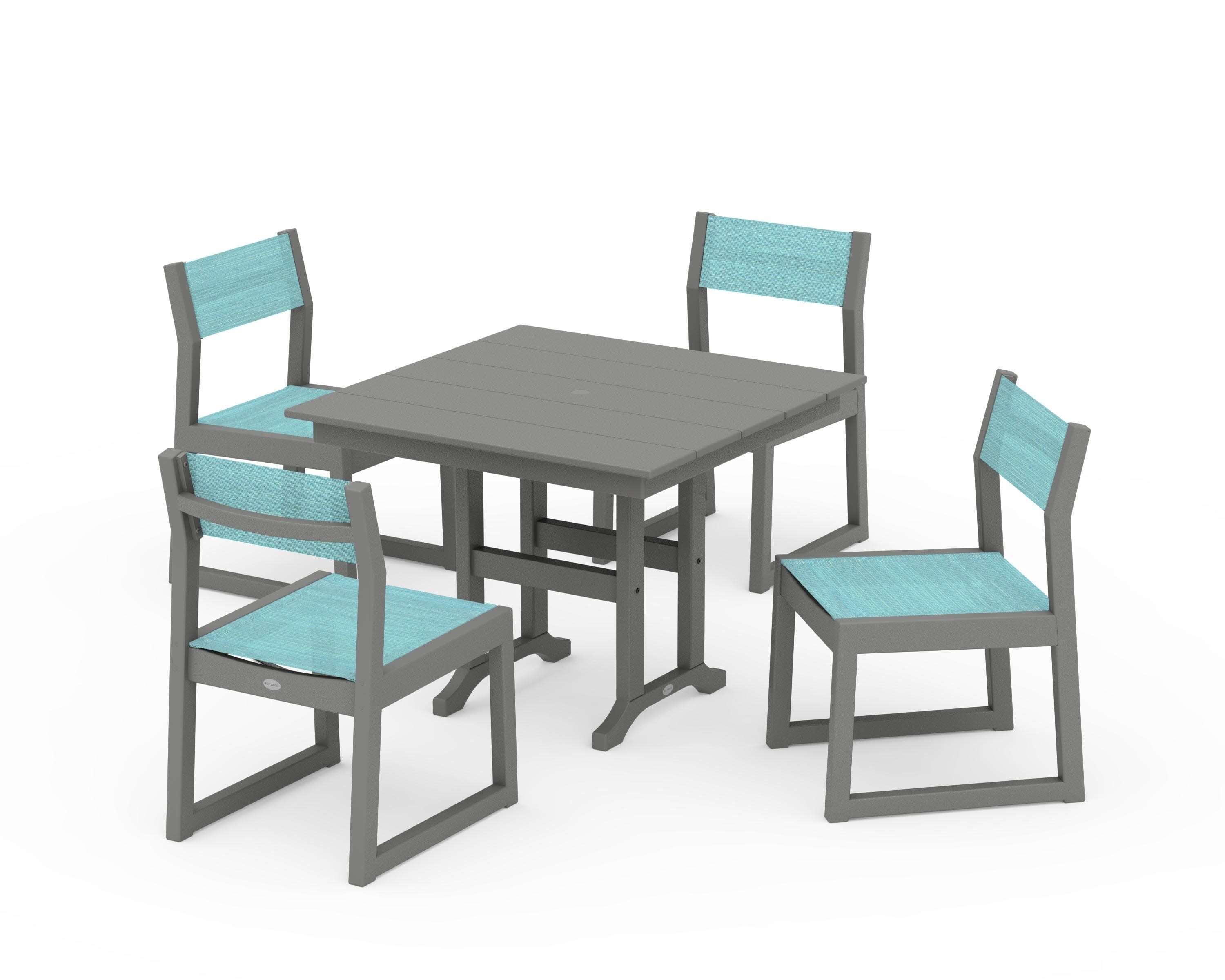 EDGE Sling Side Chair 5-Piece Farmhouse Dining Set in Slate Grey / Dupioni Aquamarine Sling