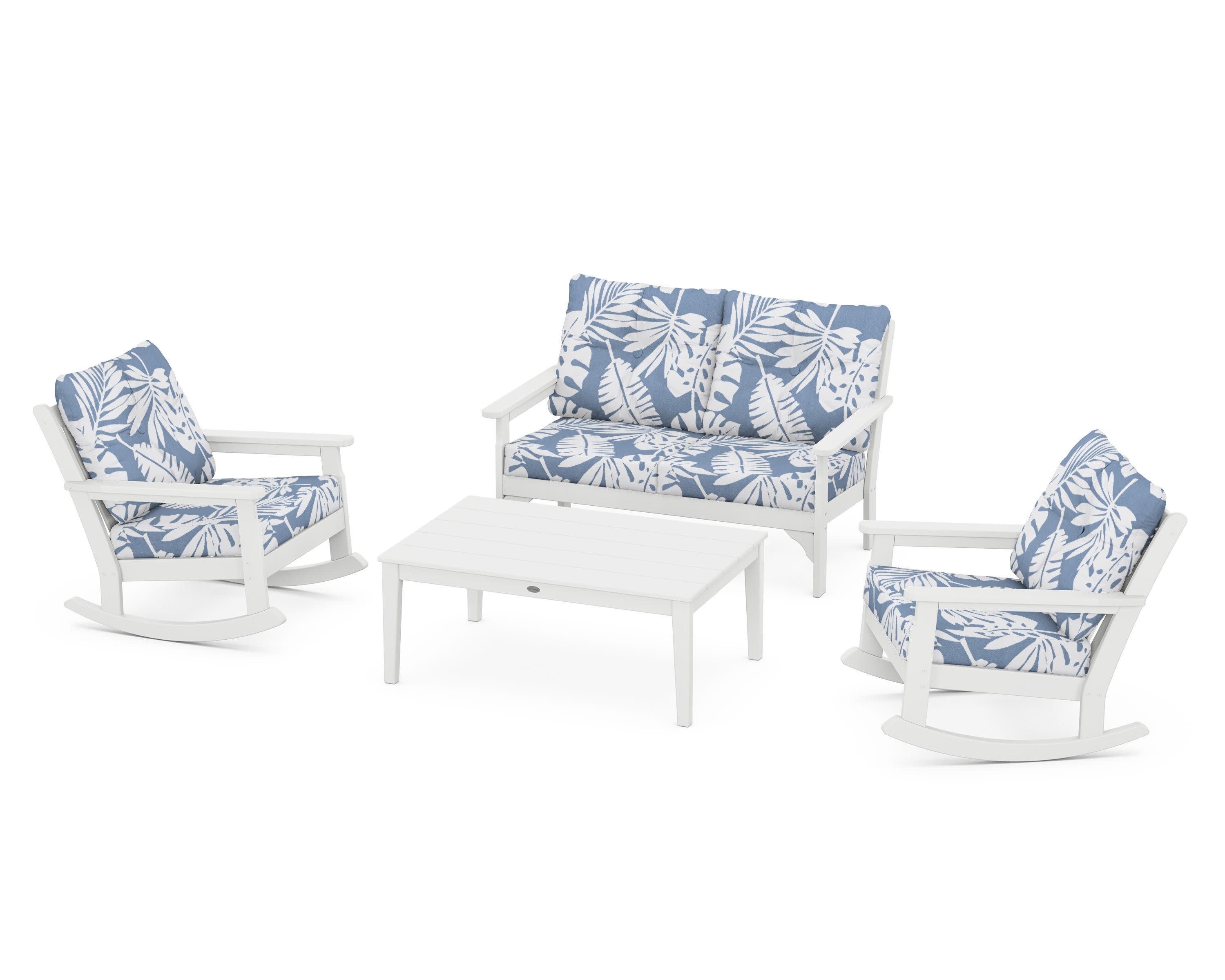 Vineyard 4-Piece Deep Seating Rocking Chair Set in White / Leaf Sky Blue