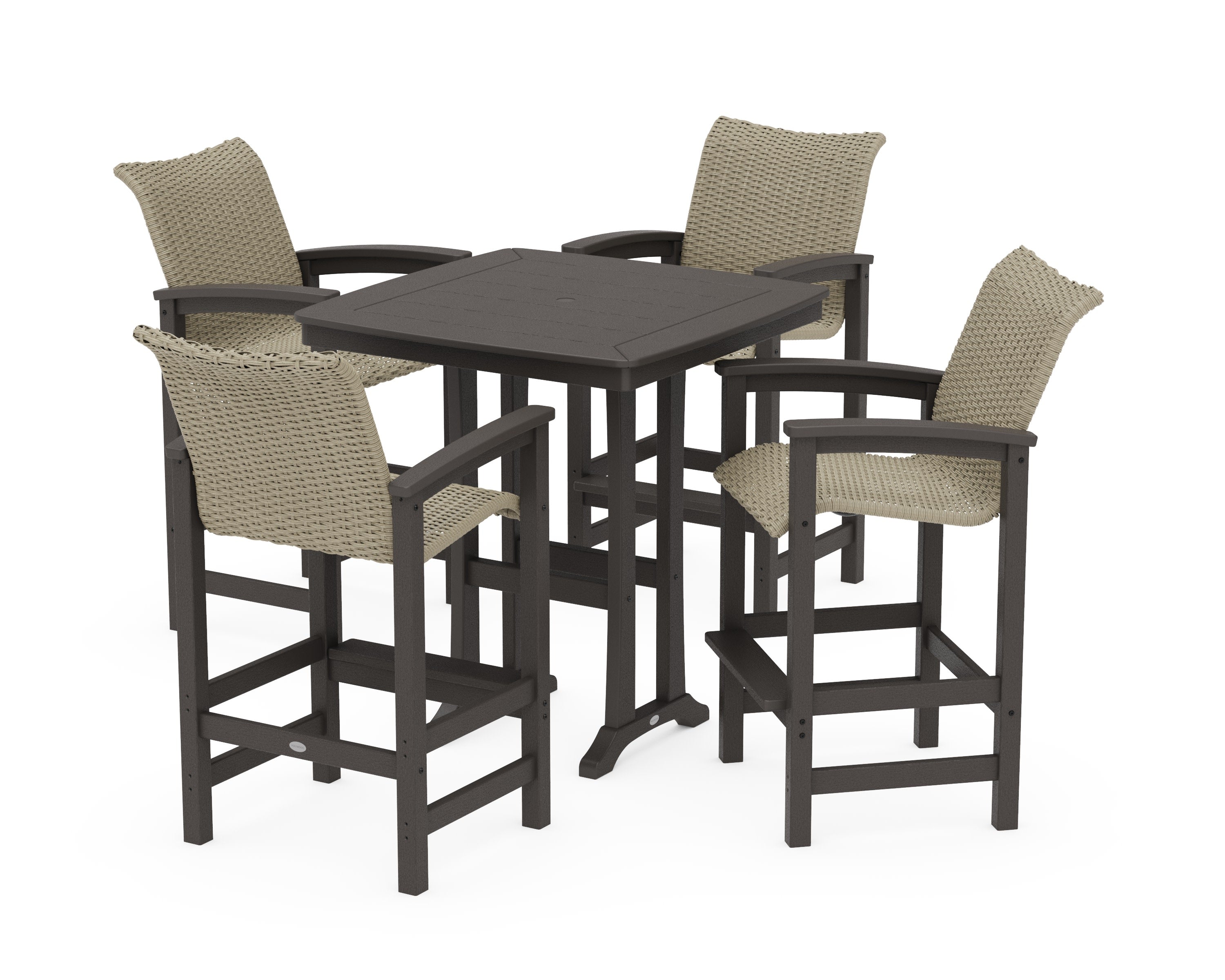 Coastal Woven 5-Piece Bar Set with Trestle Legs in Vintage Coffee / Dune Grass