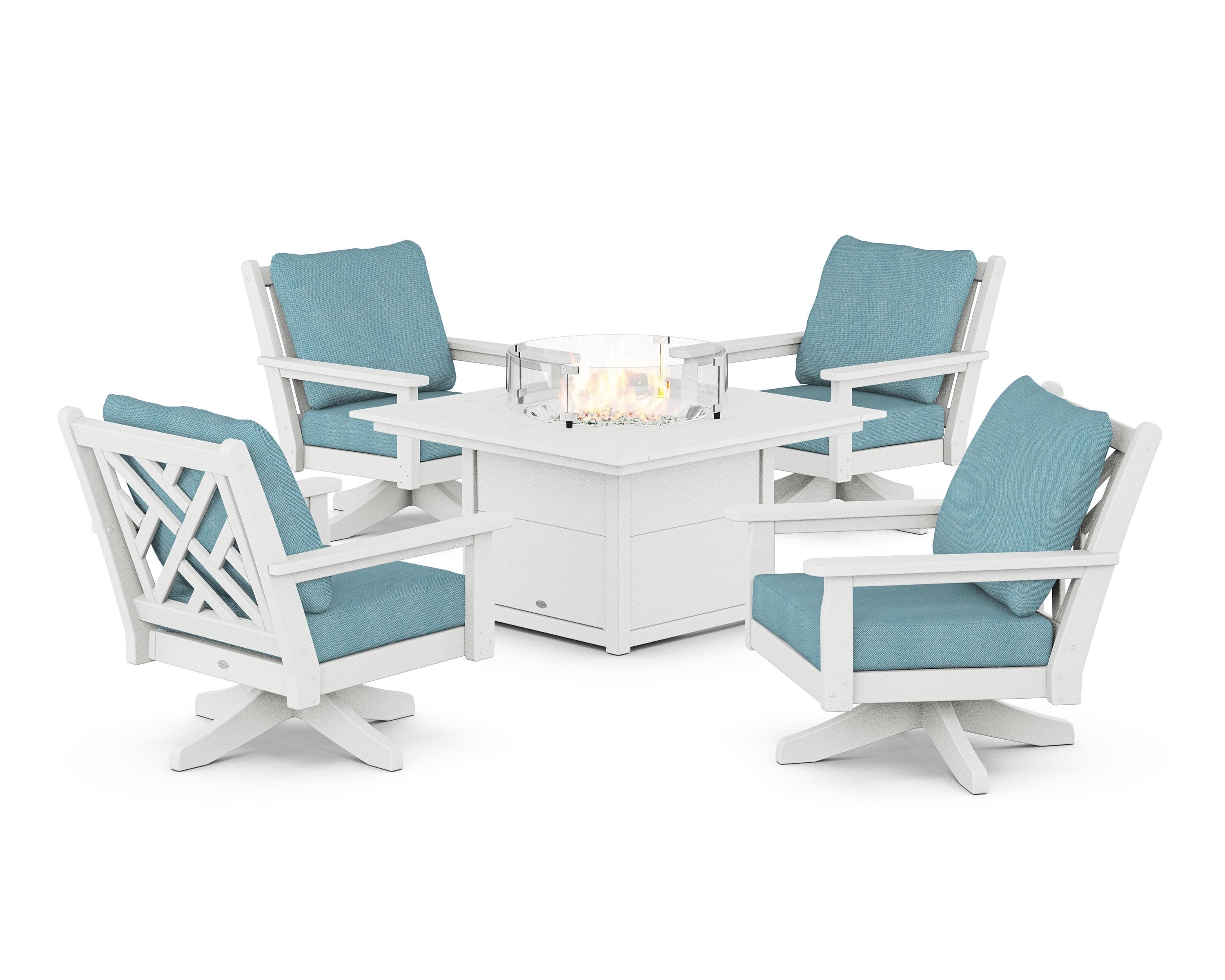 Chippendale 5-Piece Deep Seating Swivel Conversation Set with Fire Pit Table in White / Lattice Sky Blue