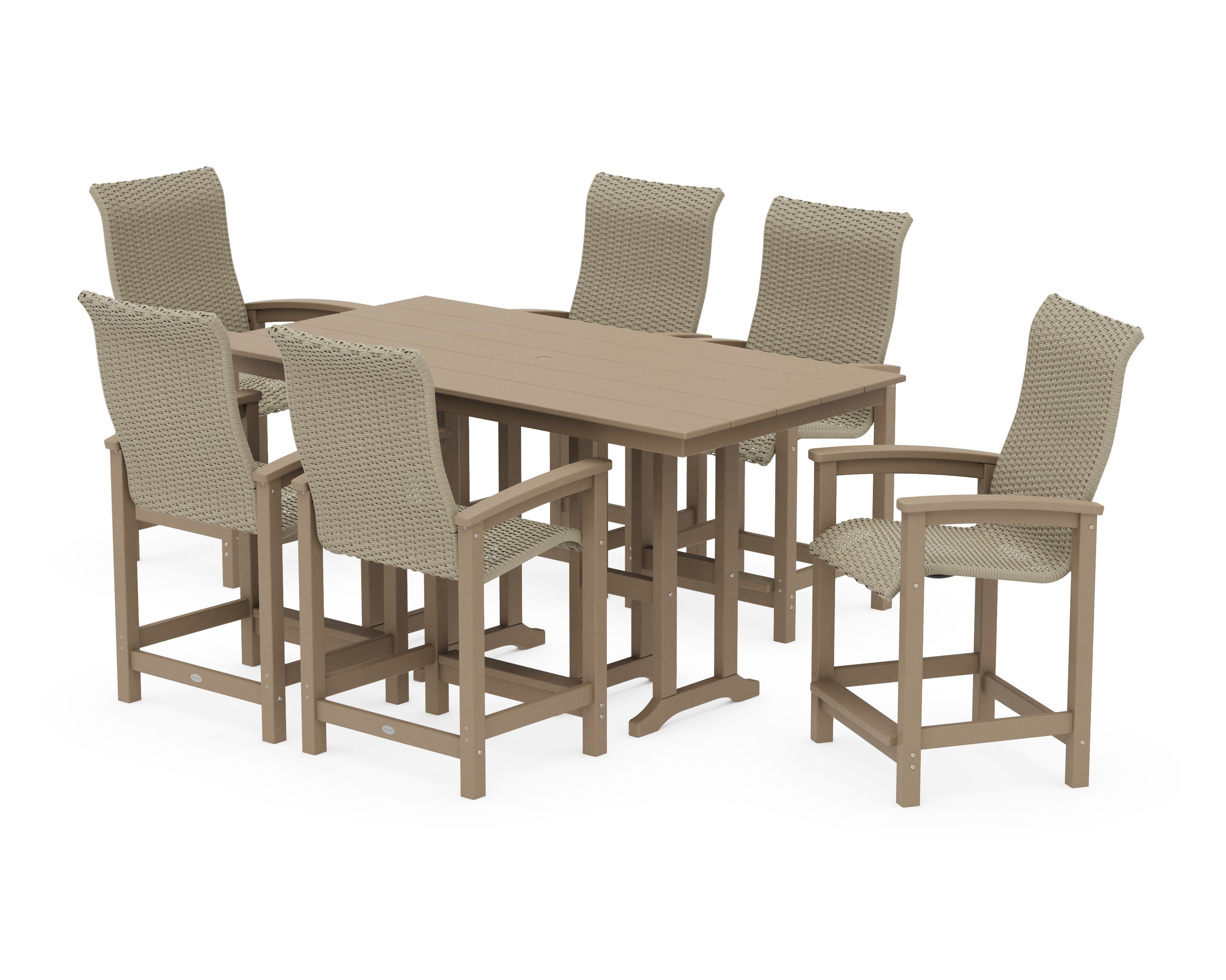 Coastal Woven High-Back Arm Chair 7-Piece Farmhouse Counter Set in Vintage Sahara / Dune Grass