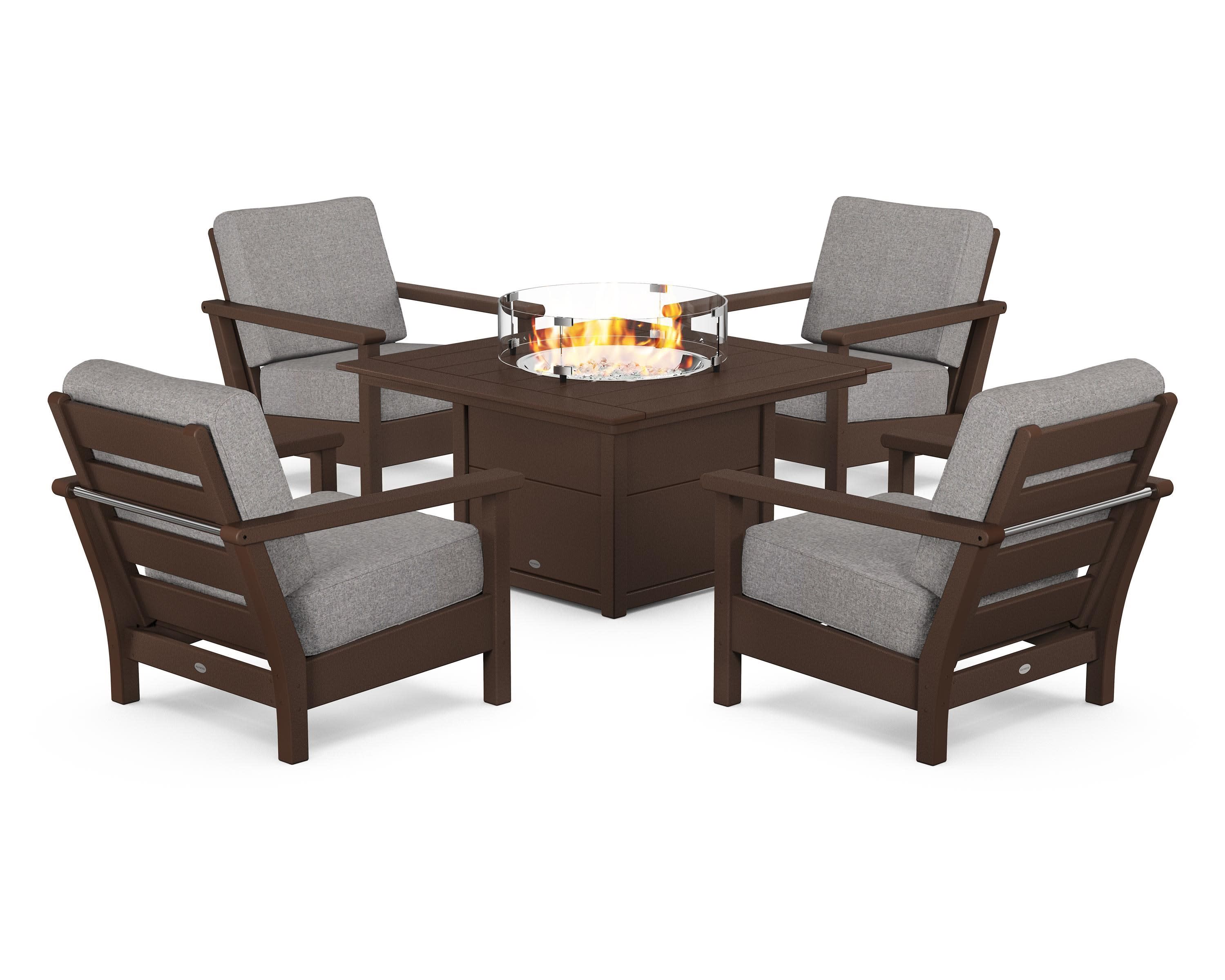 Harbour 5-Piece Conversation Set with Fire Pit Table in Mahogany / Grey Mist