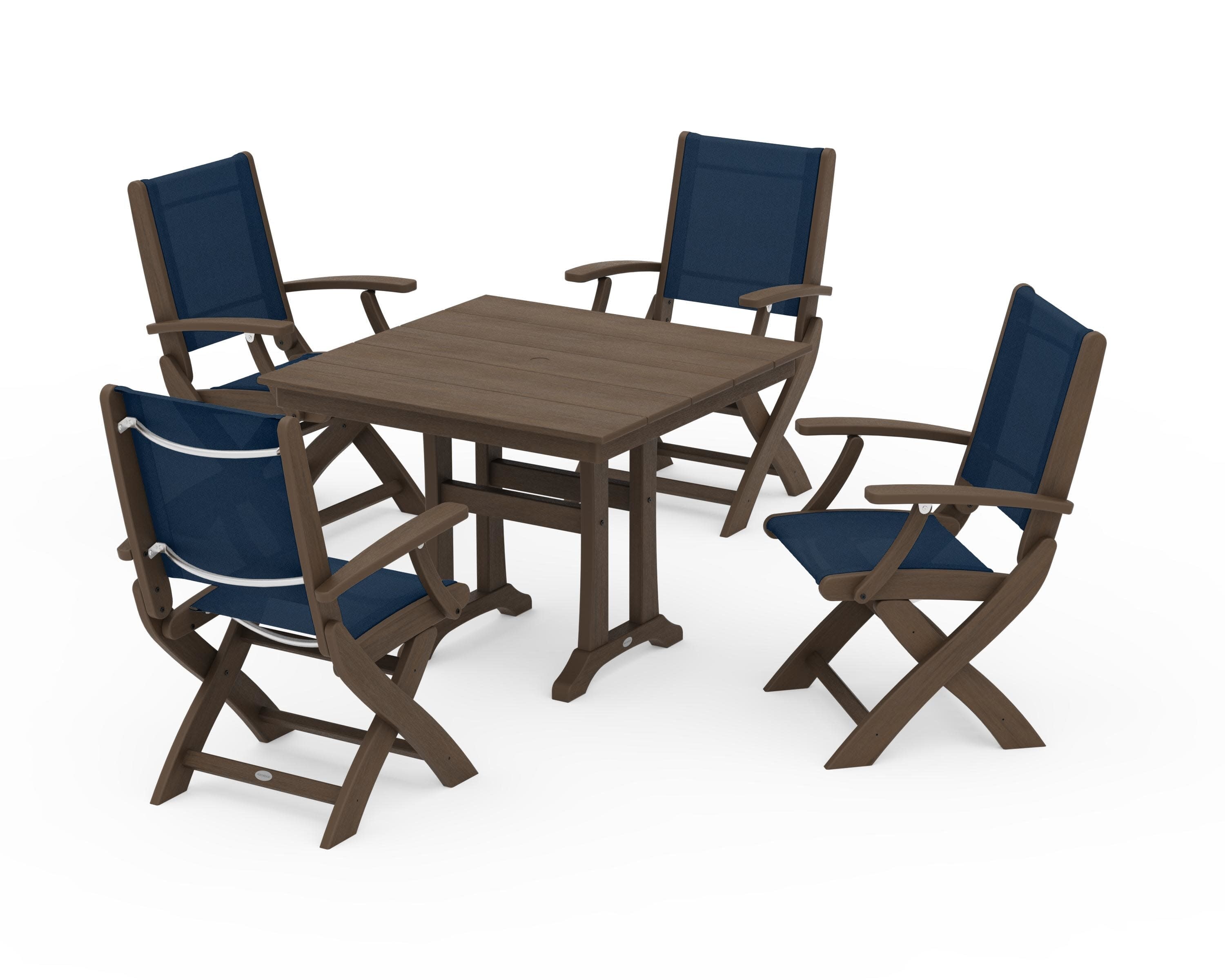 Coastal Folding Chair 5-Piece Farmhouse Dining Set With Trestle Legs in Kona / Navy Blue Sling