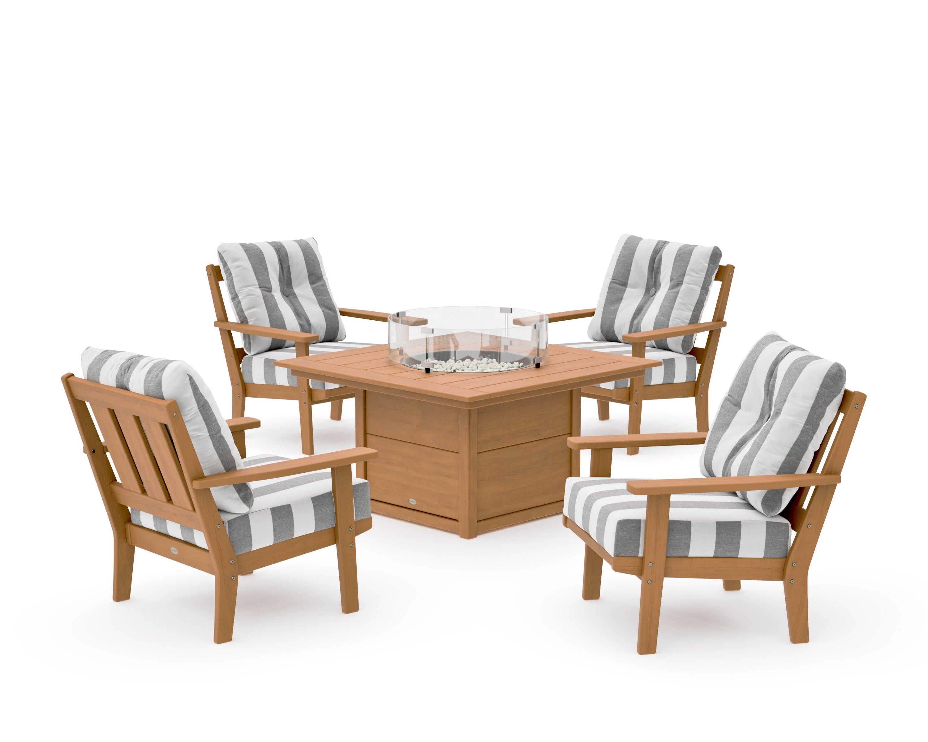 Oxford 5-Piece Deep Seating Set with Fire Pit Table in Natural / Cabana Stripe Grey Mist