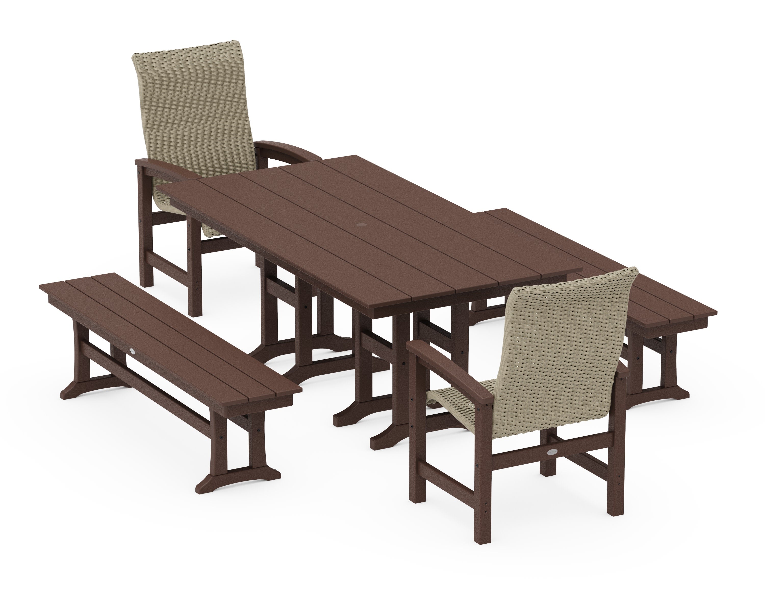 Coastal Woven High-Back 5-Piece Farmhouse Dining Set with Benches in Mahogany / Dune Grass