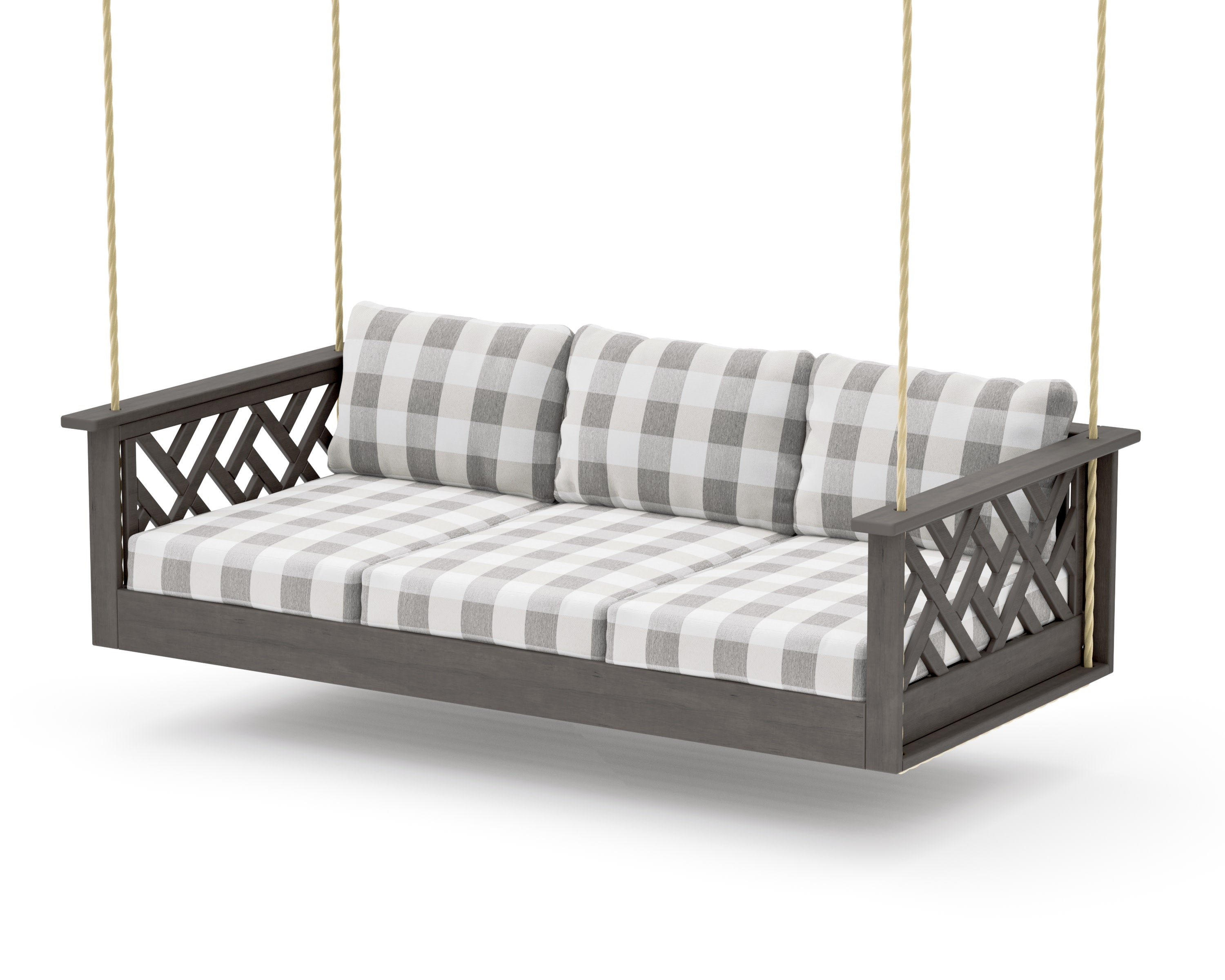 Chippendale Daybed Swing in Driftwood / Buffalo Plaid Grey Mist