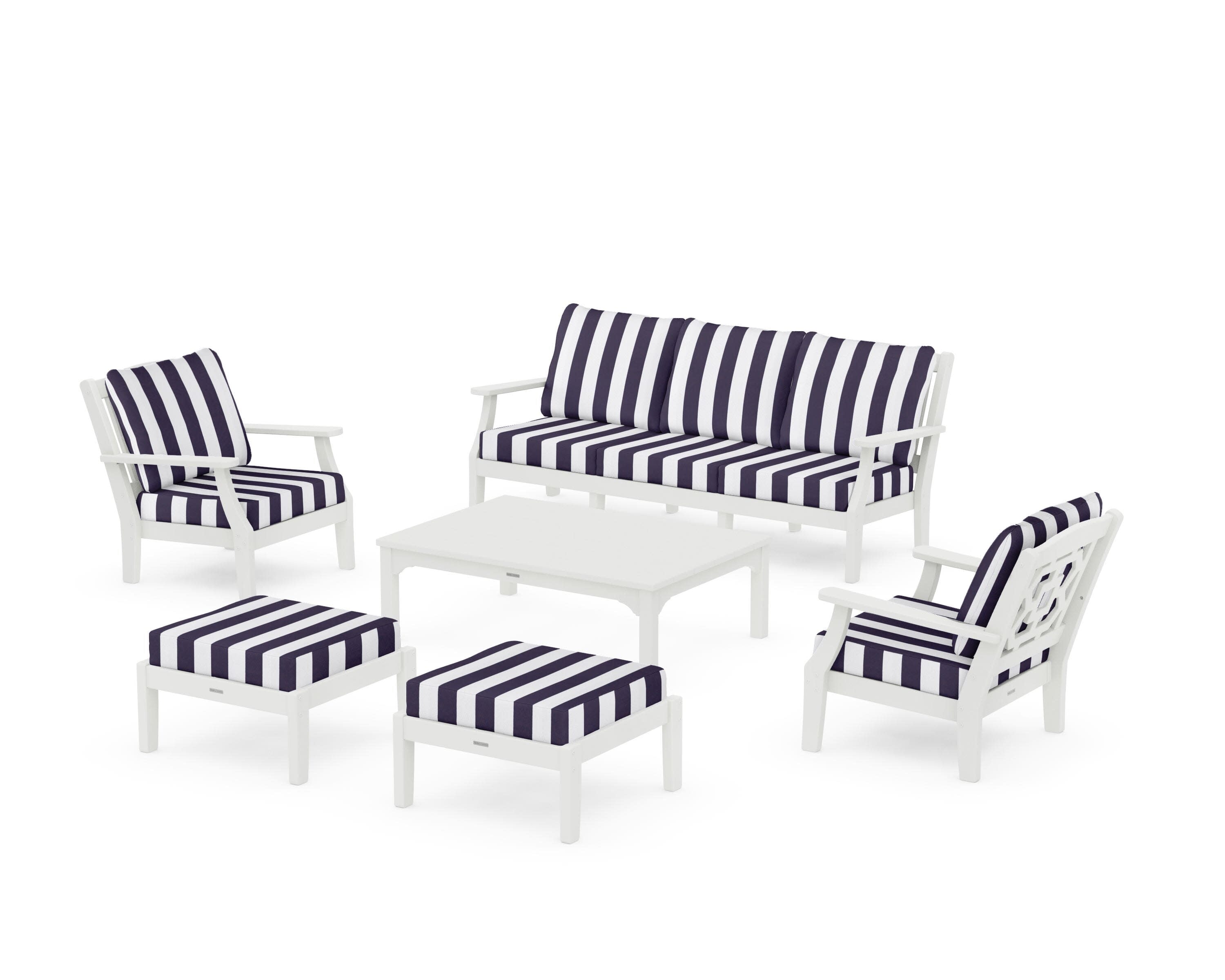 Chinoiserie 6-Piece Lounge Sofa Set in Vintage White / Cabana Stripe Navy