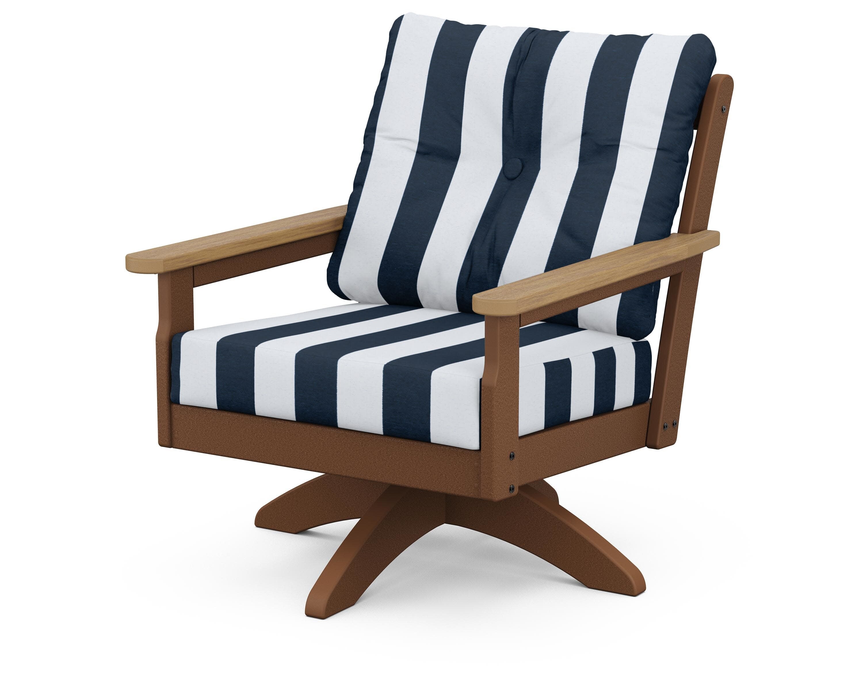 Vineyard Deep Seating Swivel Chair in Teak / Natural / Cabana Stripe Marine Indigo