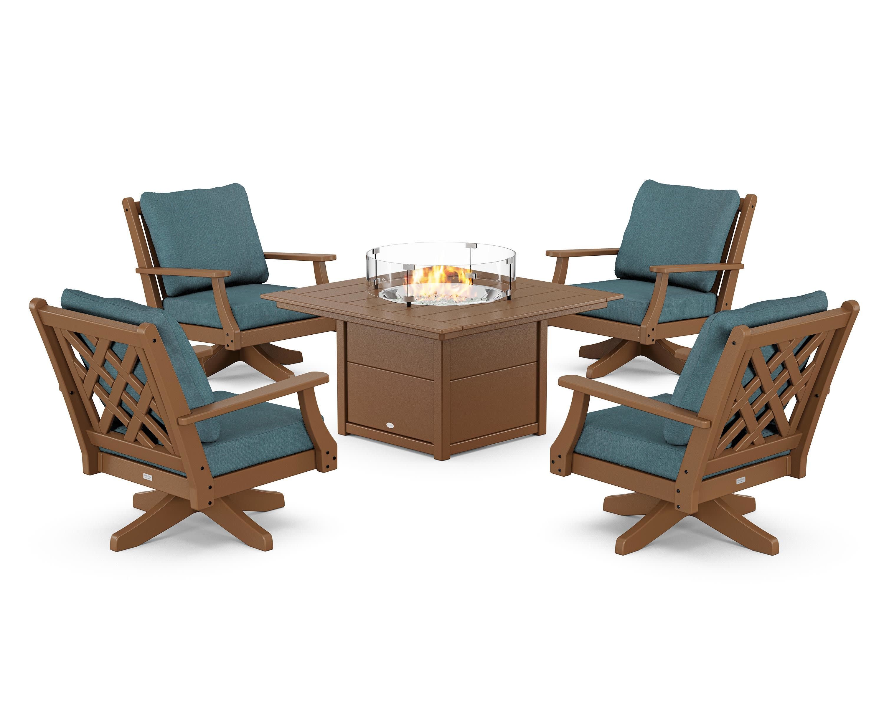 Wovendale 5-Piece Deep Seating Swivel Conversation Set with Fire Pit Table in Teak / Ocean Teal