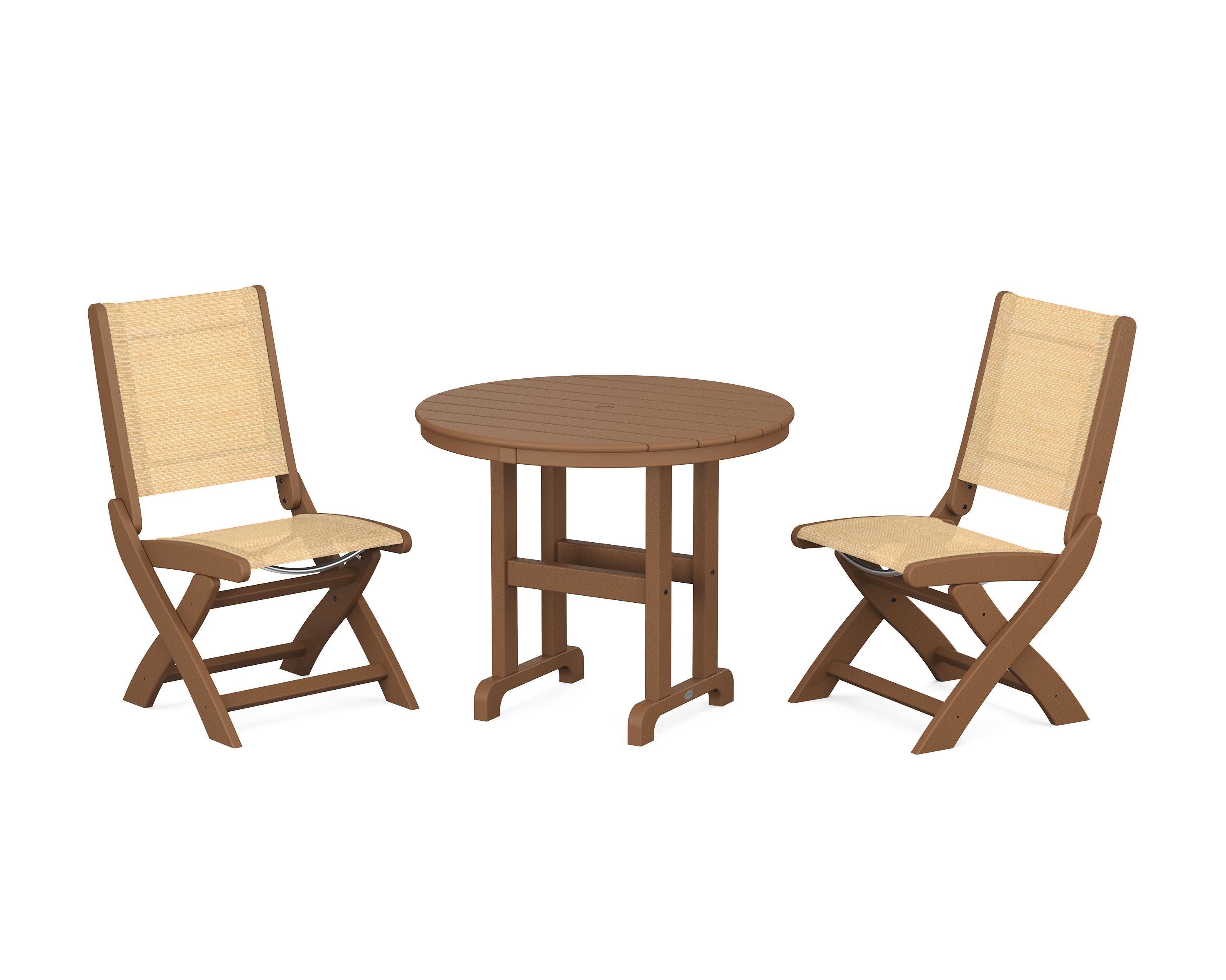 Coastal Folding Side Chair 3-Piece Round Dining Set in Teak / Dupioni Apricot Sling