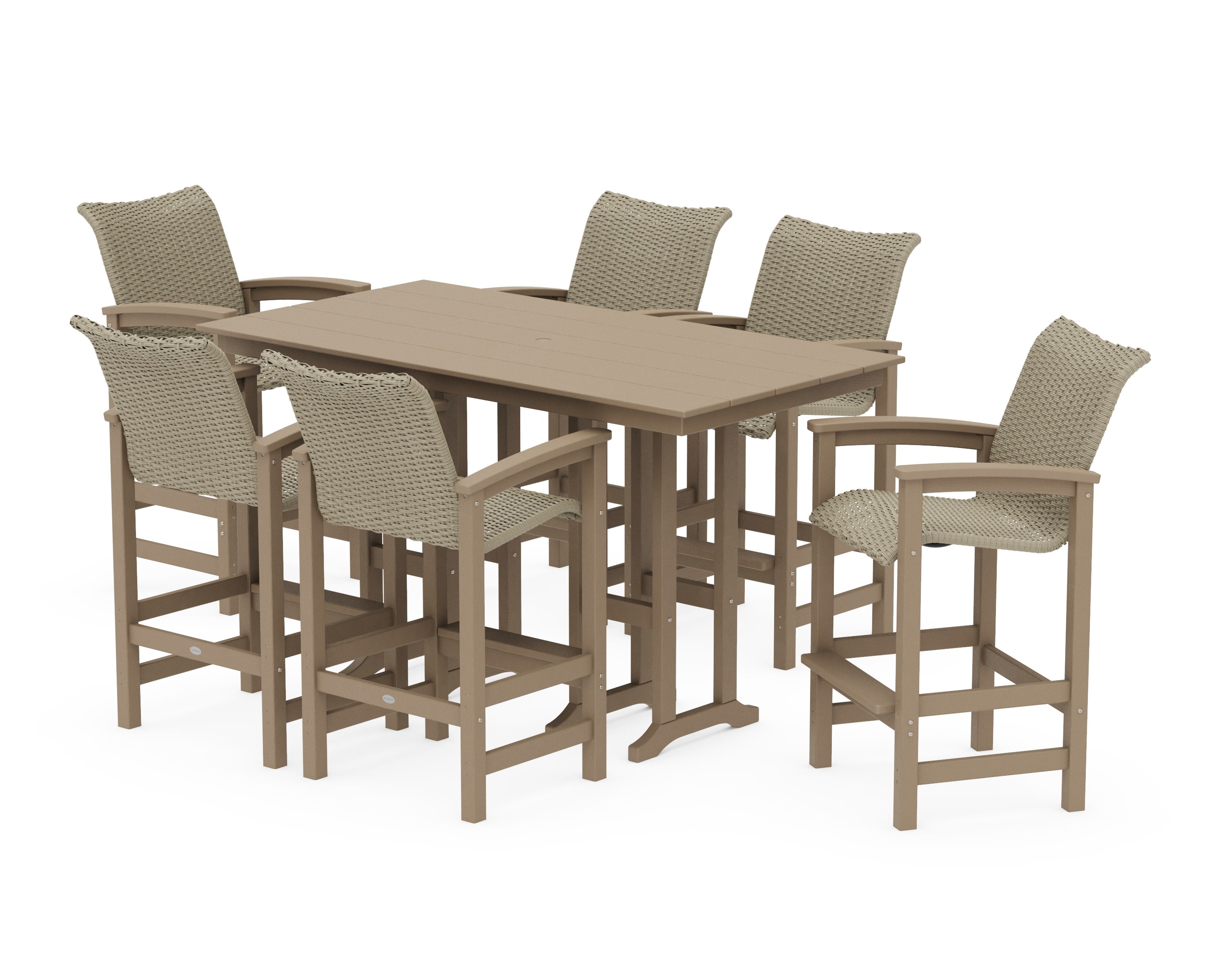 Coastal Woven Arm Chair 7-Piece Farmhouse Bar Set in Vintage Sahara / Dune Grass