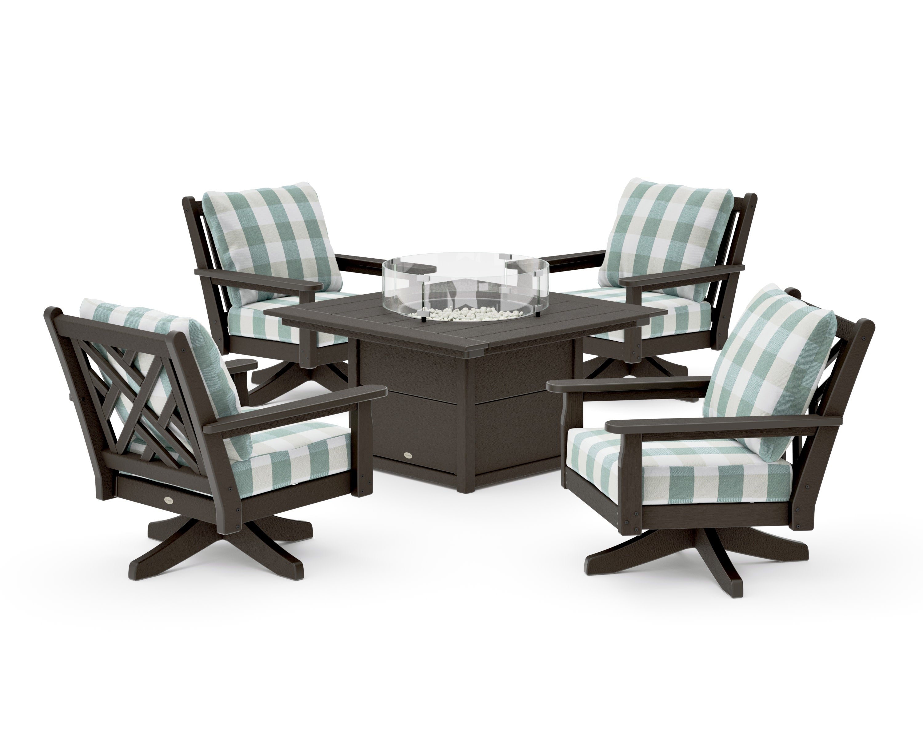Chippendale 5-Piece Deep Seating Swivel Conversation Set with Fire Pit Table in Vintage Coffee / Buffalo Plaid Glacier Spa
