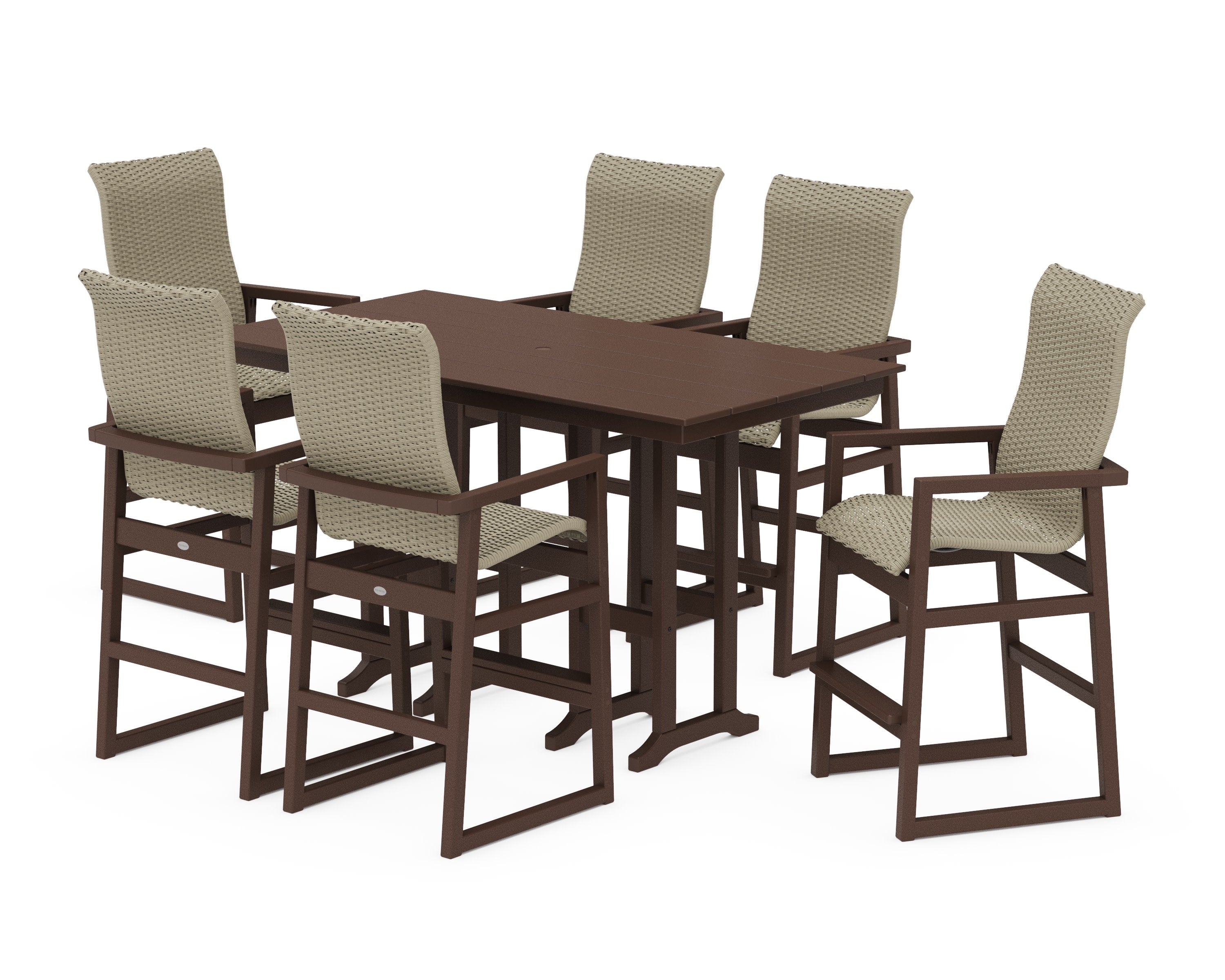 EDGE Woven Highback Arm Chair 7-Piece Farmhouse Bar Set in Mahogany / Dune Grass