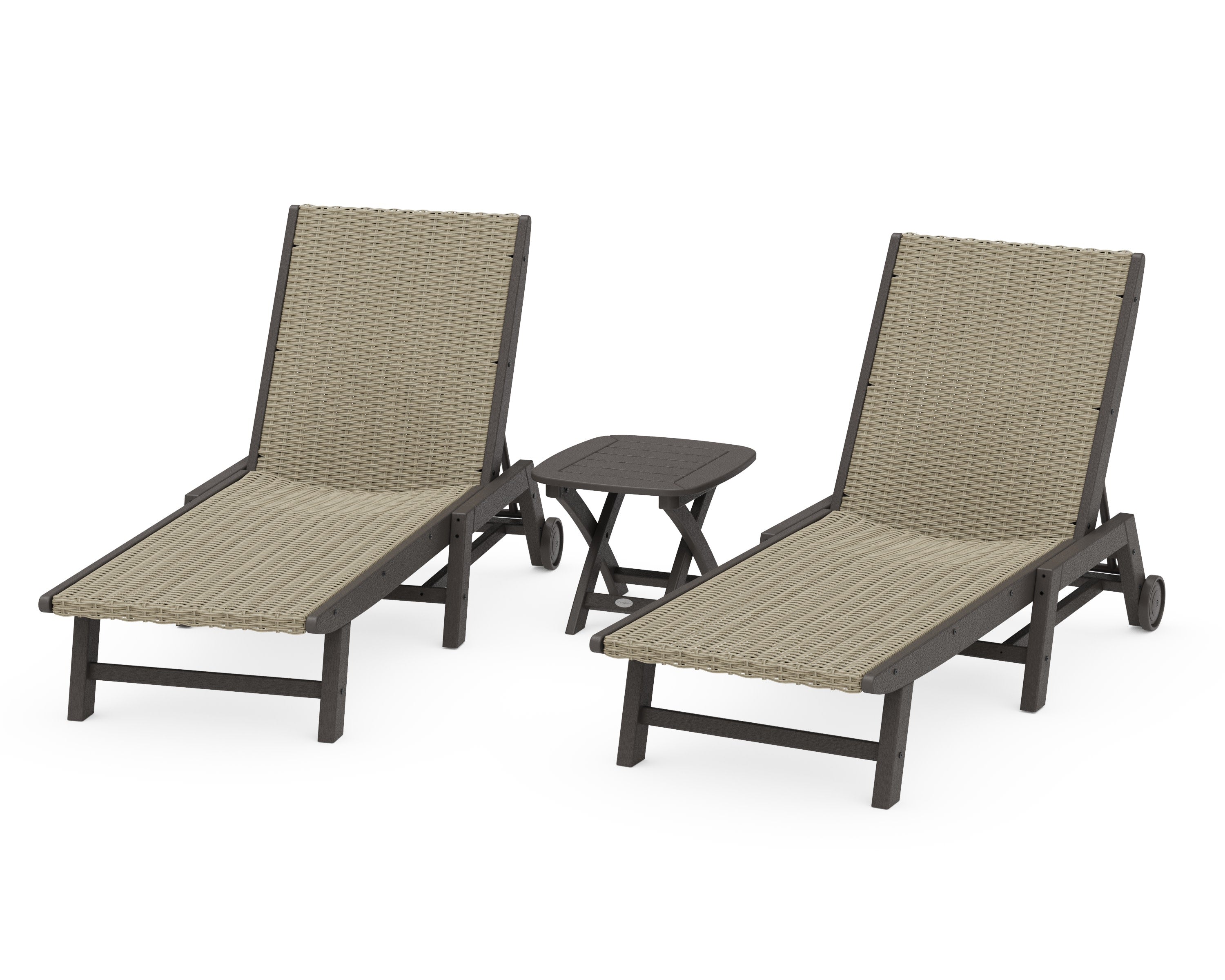 3 - Piece Coastal Woven Chaise with Wheels Chaise Lounge Set in Vintage Coffee / Dune Grass