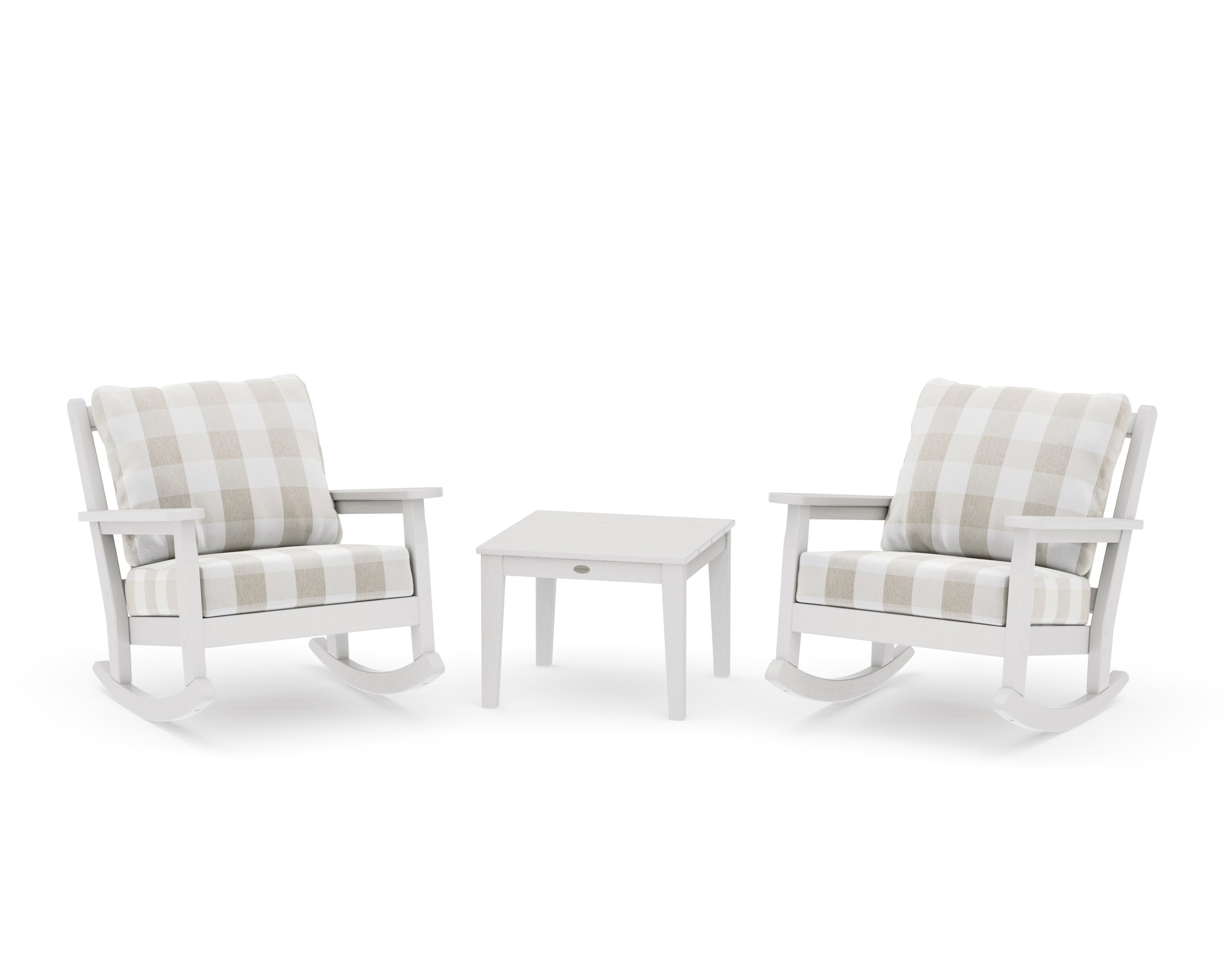 Chippendale 3-Piece Deep Seating Rocker Set in Vintage White / Buffalo Plaid Dune Burlap