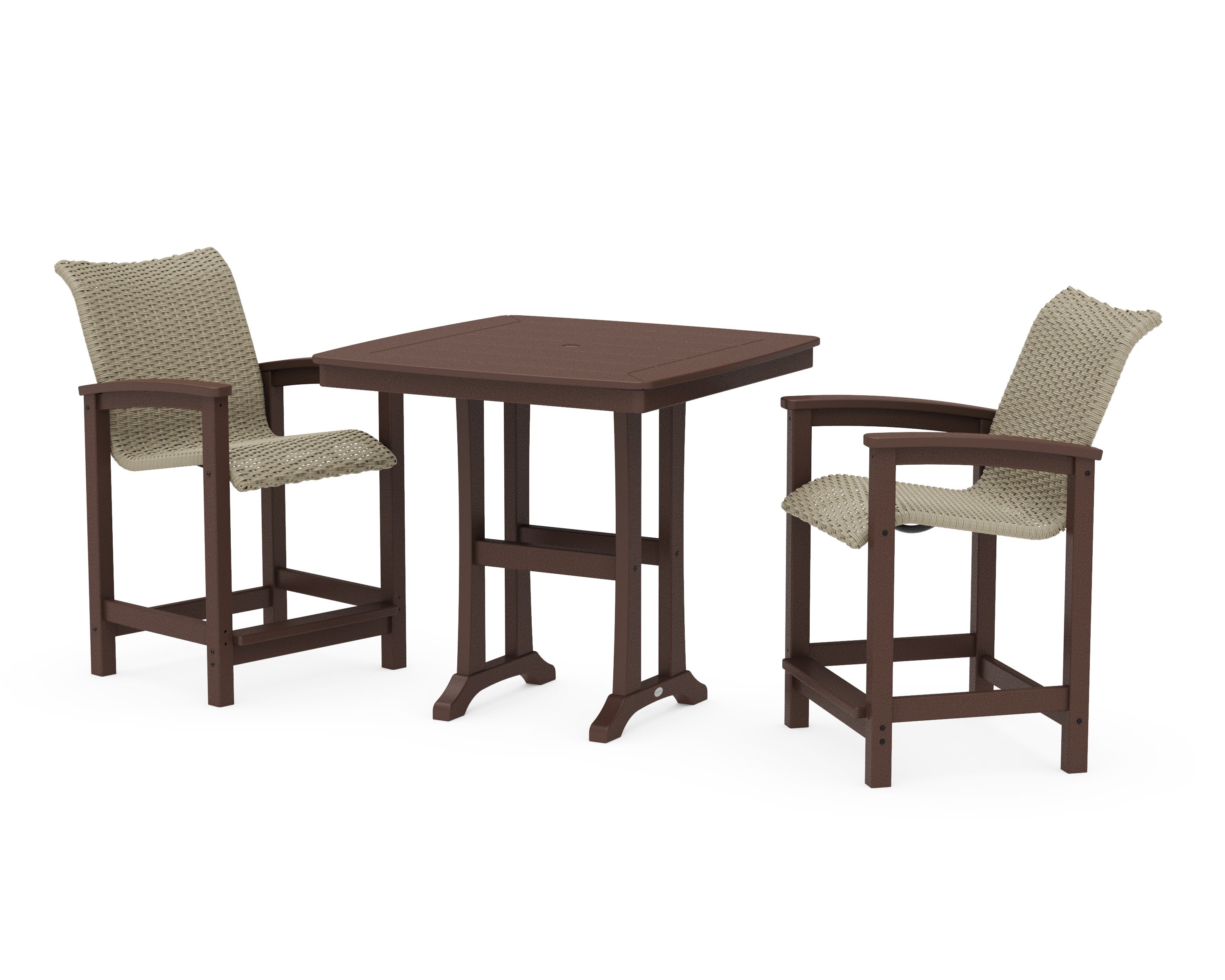 Coastal Woven 3-Piece Counter Set with Trestle Legs in Mahogany / Dune Grass