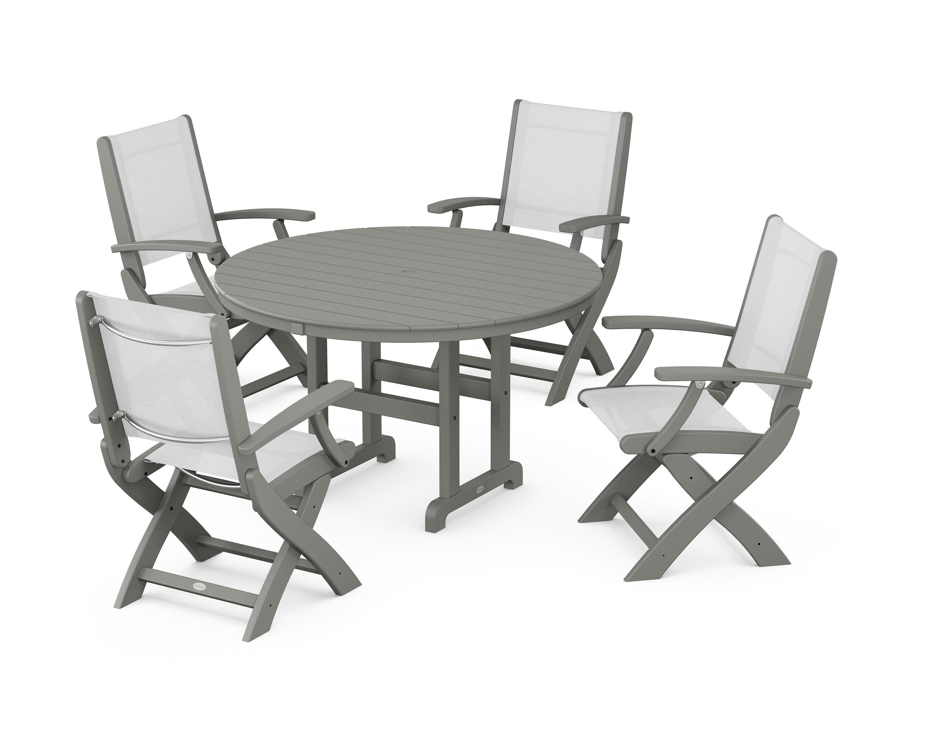 Coastal Folding Chair 5-Piece Round Dining Set in Slate Grey / White Sling