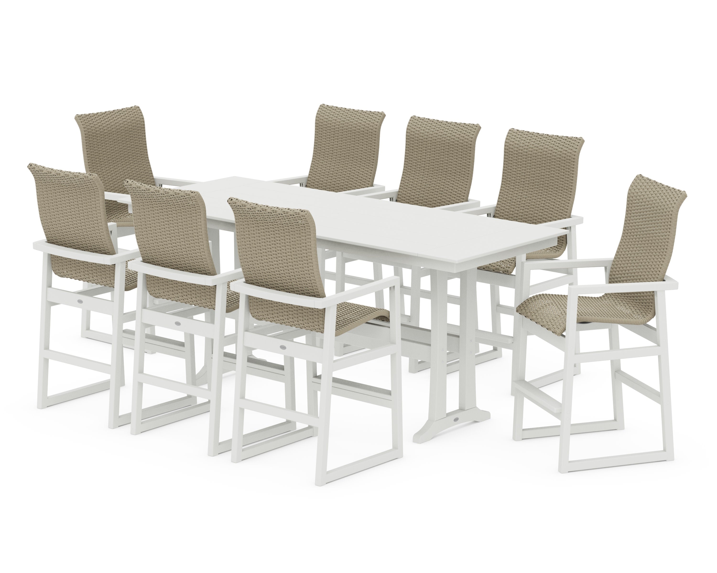 EDGE Woven Highback 9-Piece Farmhouse Bar Set with Trestle Legs in White / Dune Grass
