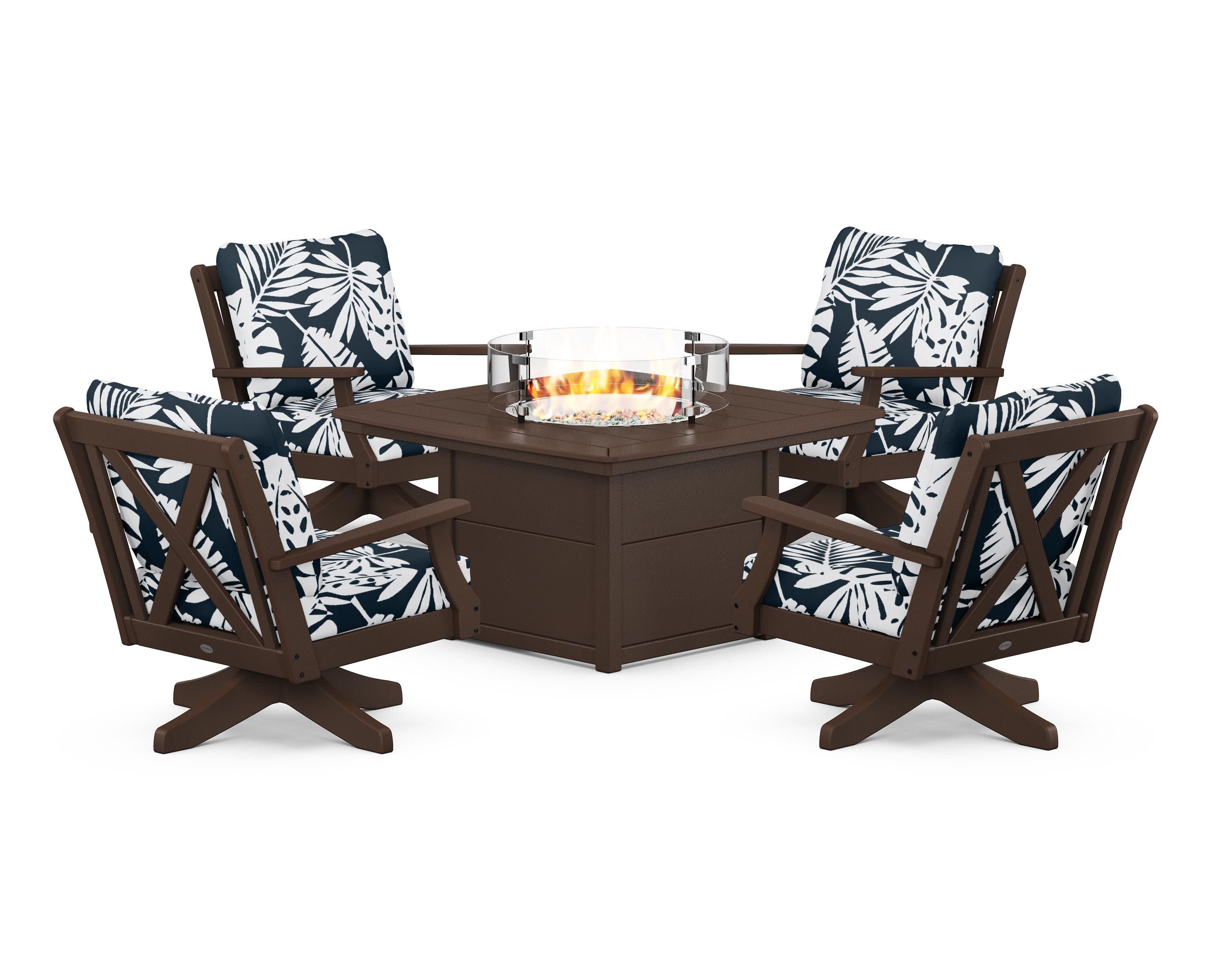 Braxton 5-Piece Deep Seating Swivel Conversation Set with Fire Pit Table in Mahogany / Leaf Marine Indigo