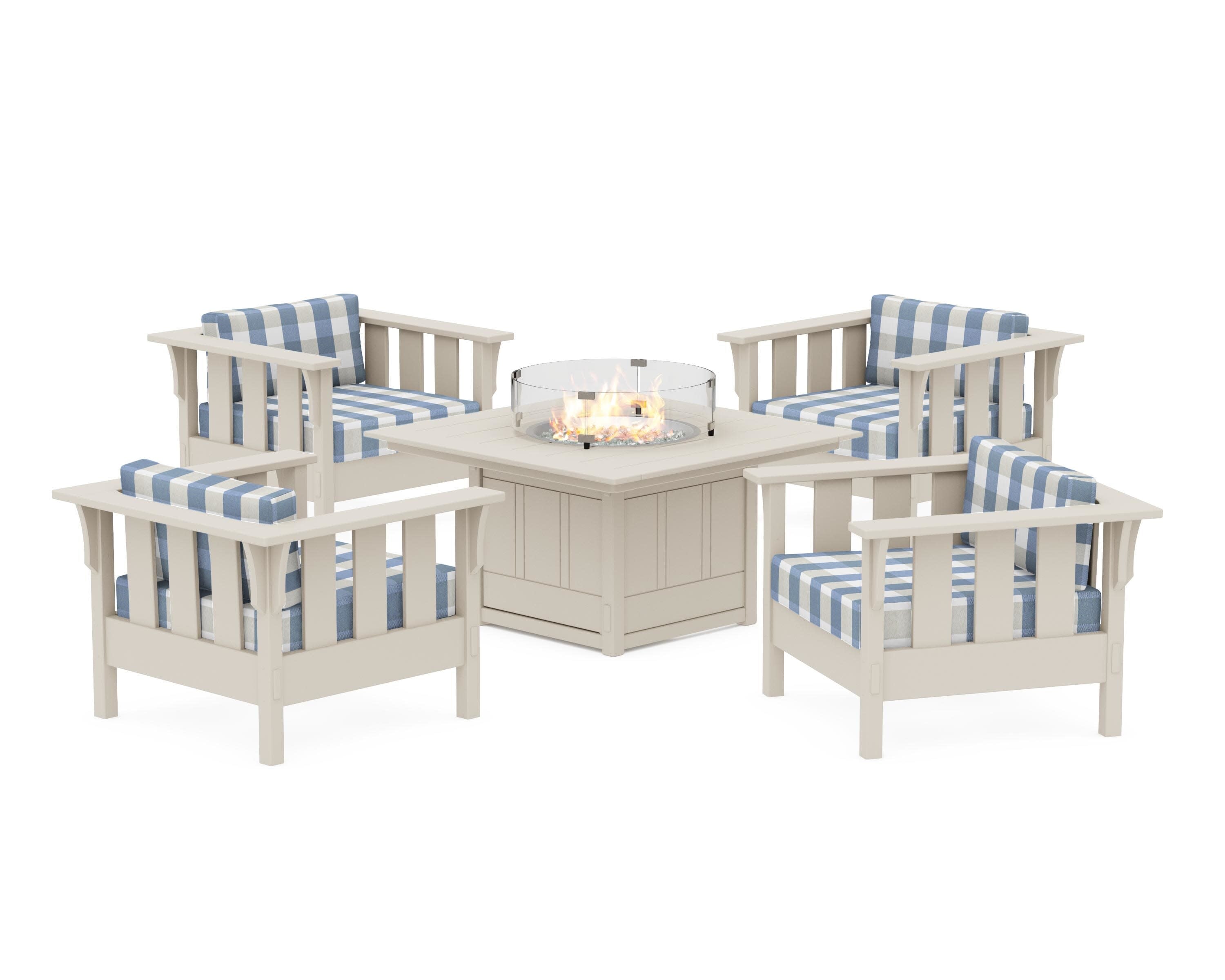 Acadia 5-Piece Deep Seating Set with Fire Pit Table in Sand / Buffalo Plaid Sky Blue