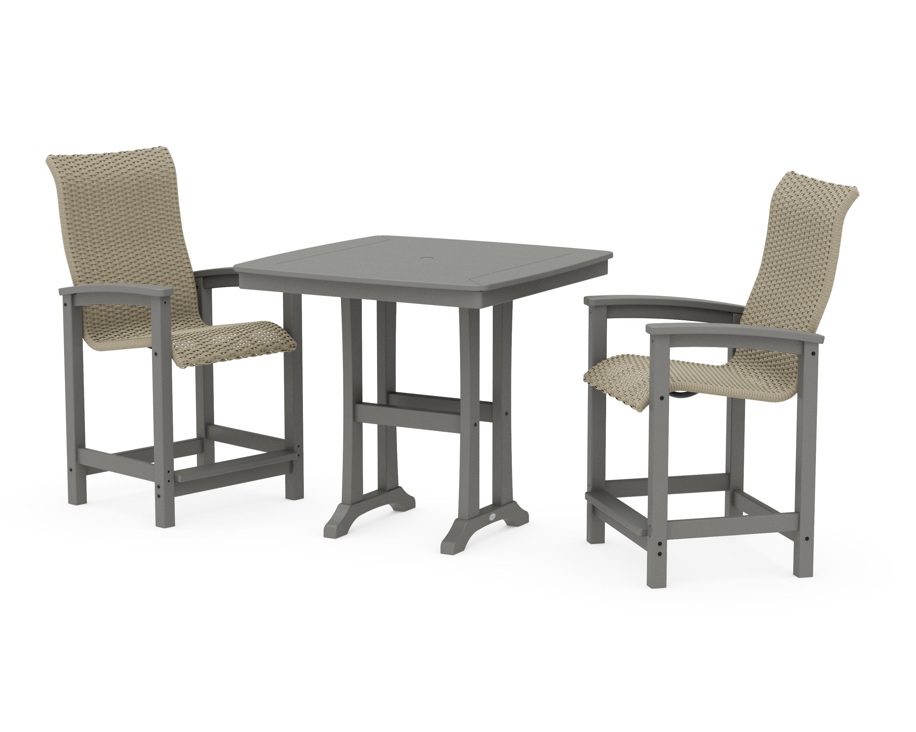 Coastal Woven High-Back 3-Piece Counter Set with Trestle Legs in Slate Grey / Dune Grass