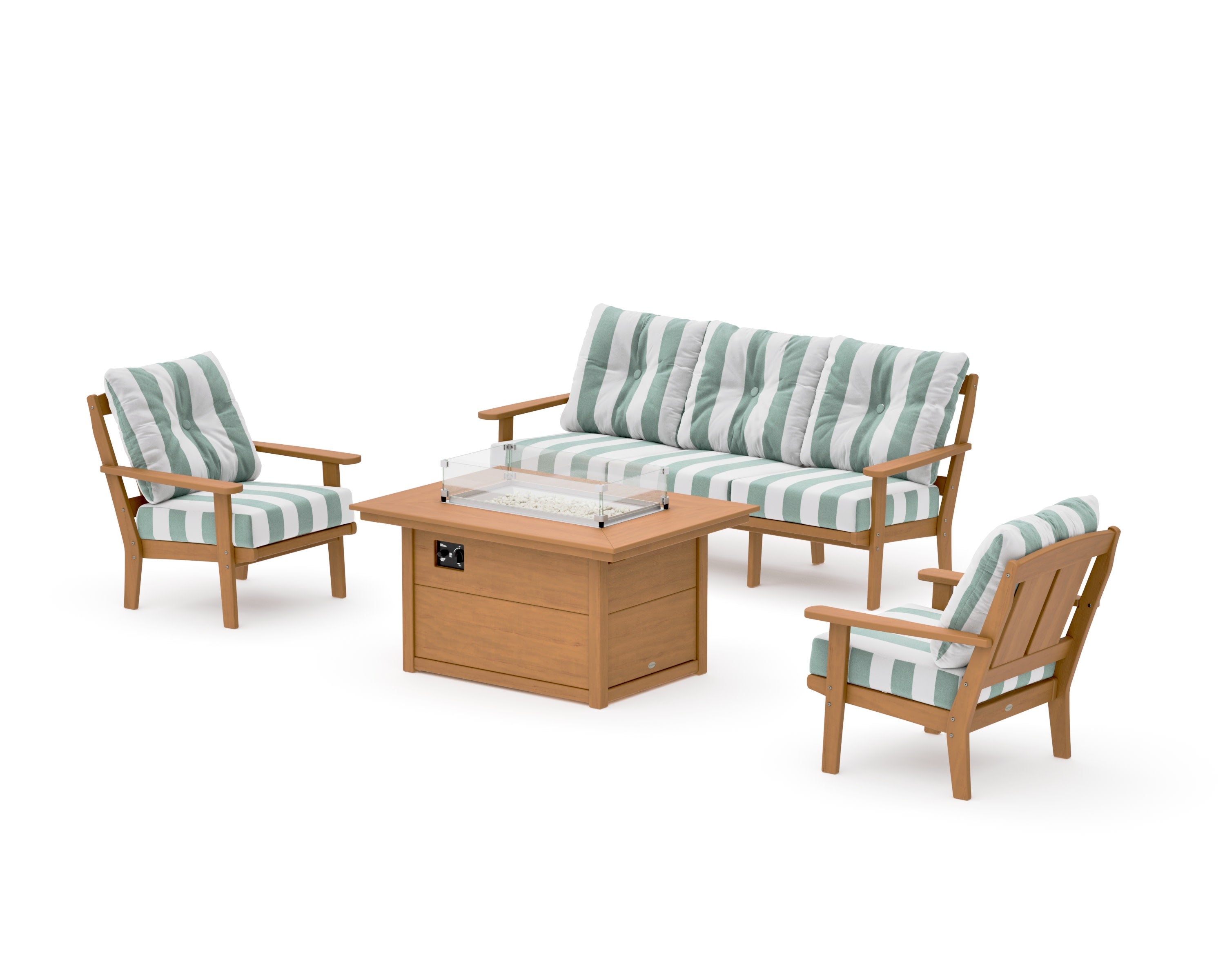 Mission Deep Seating Fire Pit Table Set in Natural / Cabana Stripe Glacier Spa