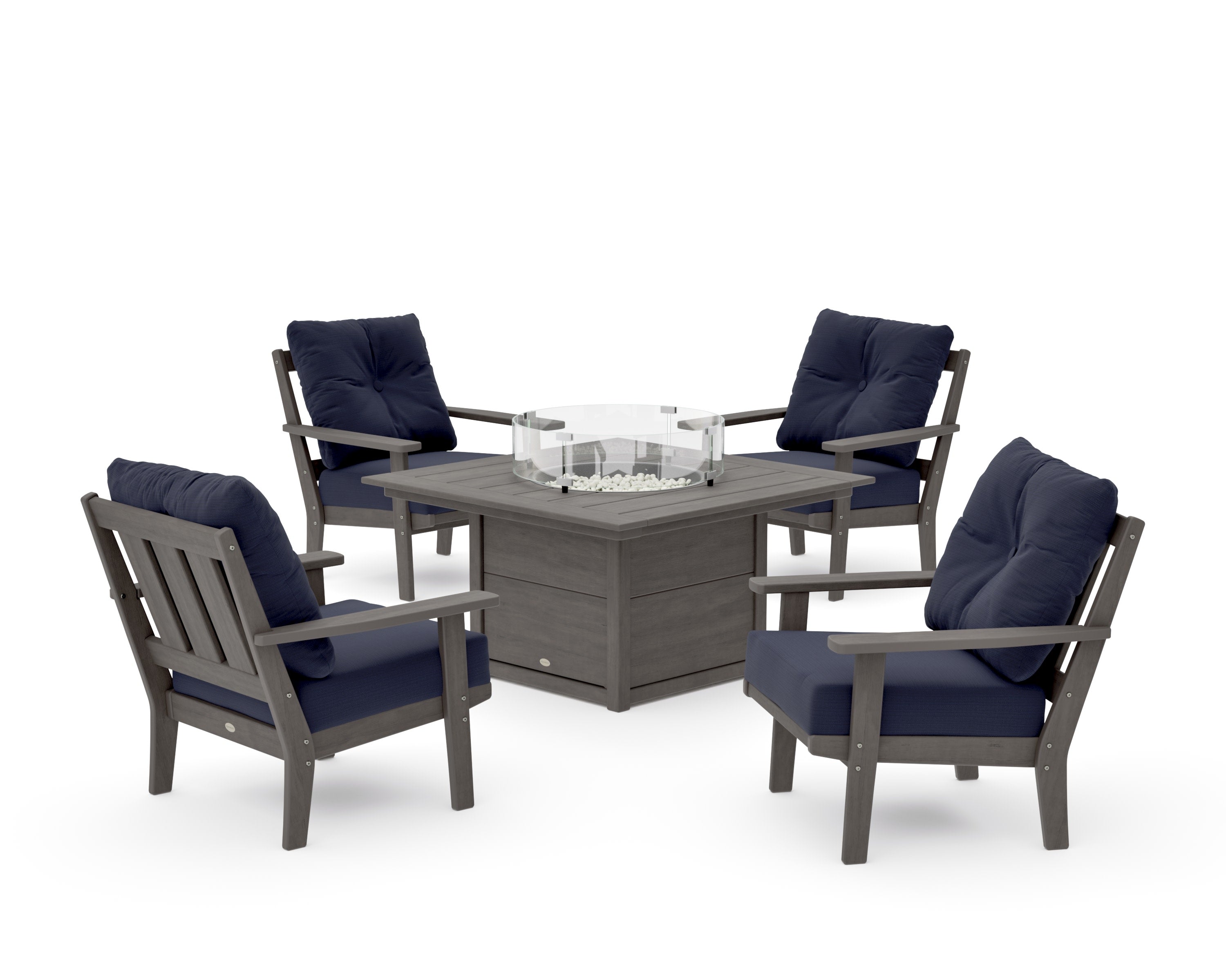 Oxford 5-Piece Deep Seating Set with Fire Pit Table in Driftwood / Navy Linen