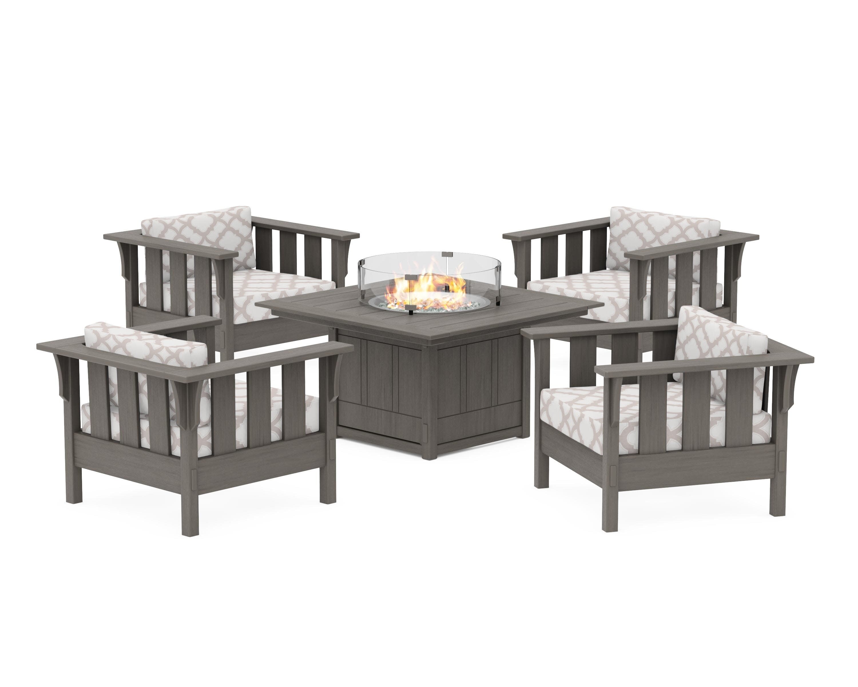 Acadia 5-Piece Deep Seating Set with Fire Pit Table in Driftwood / Trellis Dune Burlap