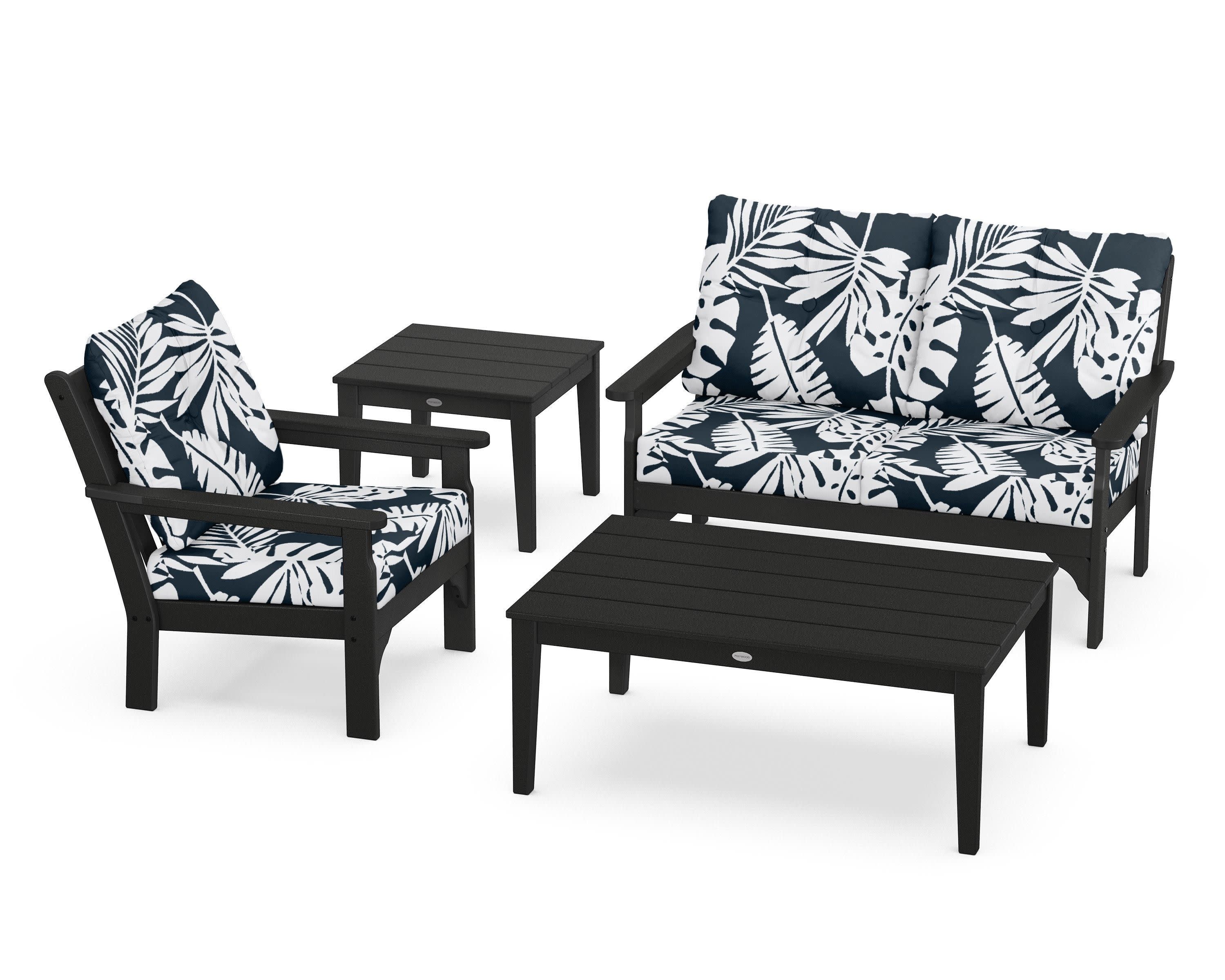 Vineyard 4-Piece Deep Seating Set in Black / Leaf Marine Indigo