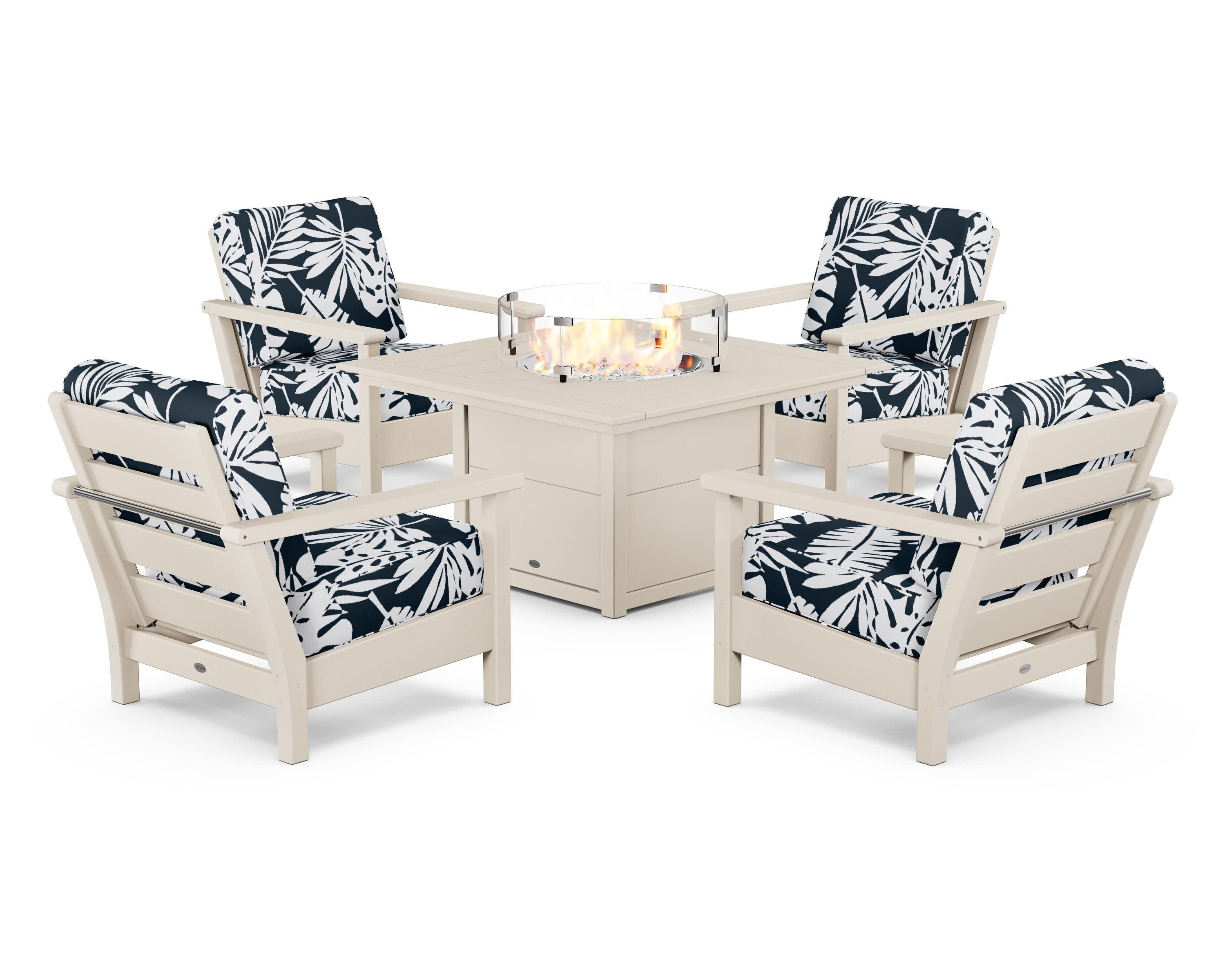 Harbour 5-Piece Conversation Set with Fire Pit Table in Sand / Leaf Marine Indigo