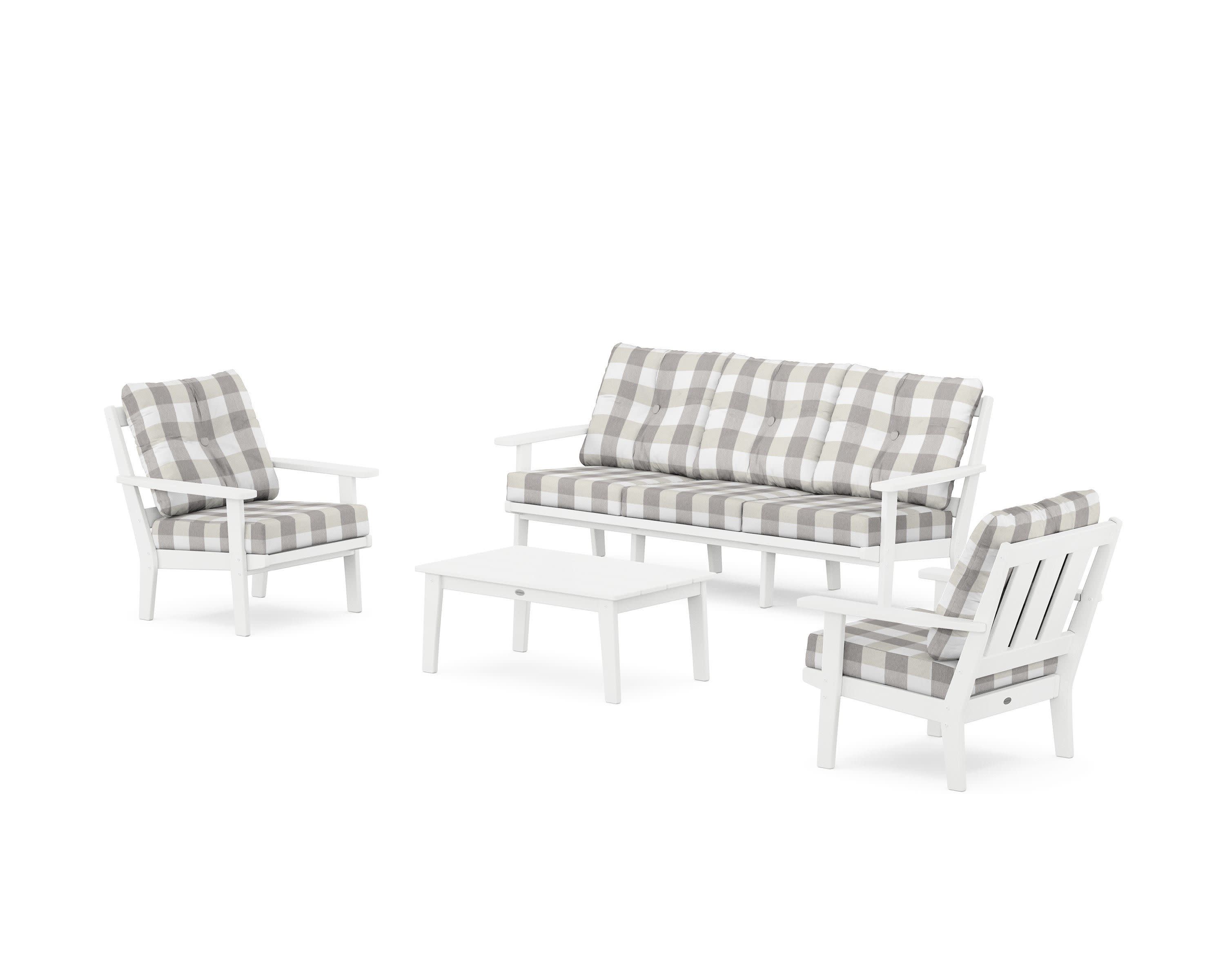 Oxford 4-Piece Deep Seating Set with Sofa in White / Buffalo Plaid Grey Mist
