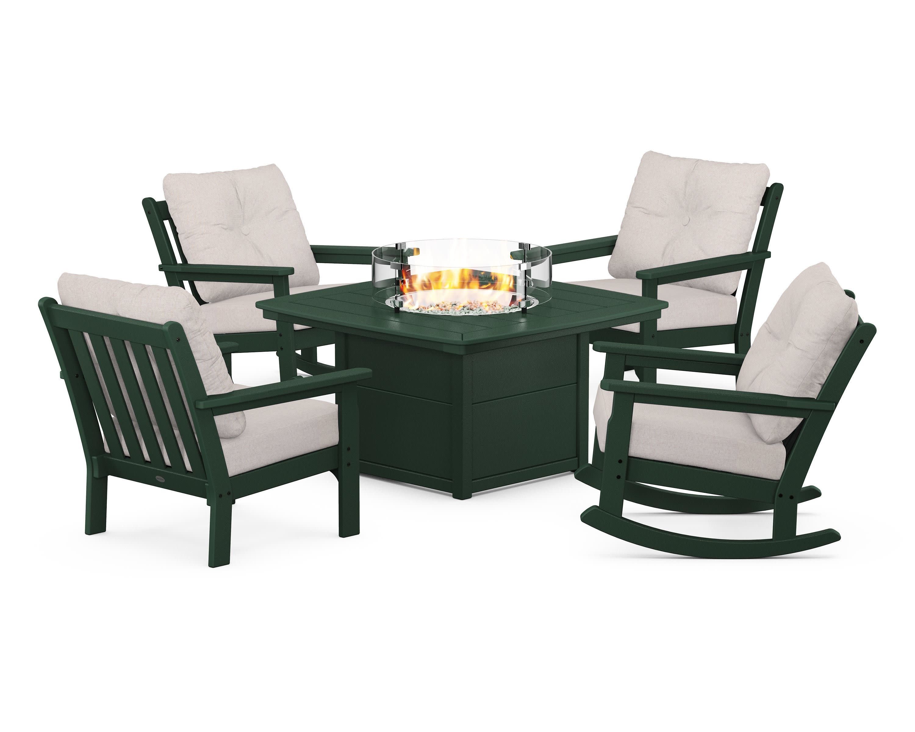 Vineyard 5-Piece Deep Seating Rocking Chair Conversation Set with Fire Pit Table in Green / Dune Burlap