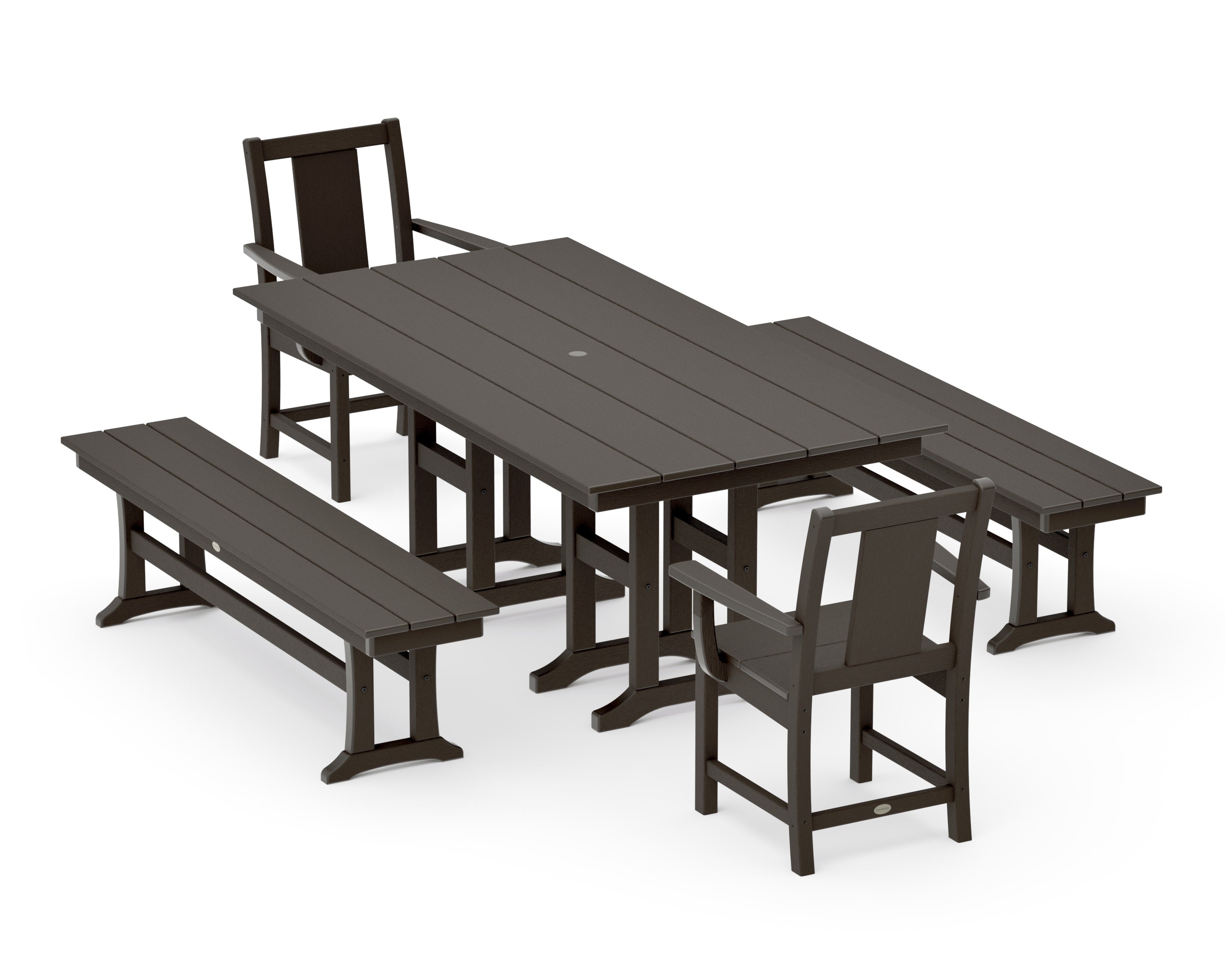 Prairie 5-Piece Farmhouse Dining Set with Benches in Vintage Coffee
