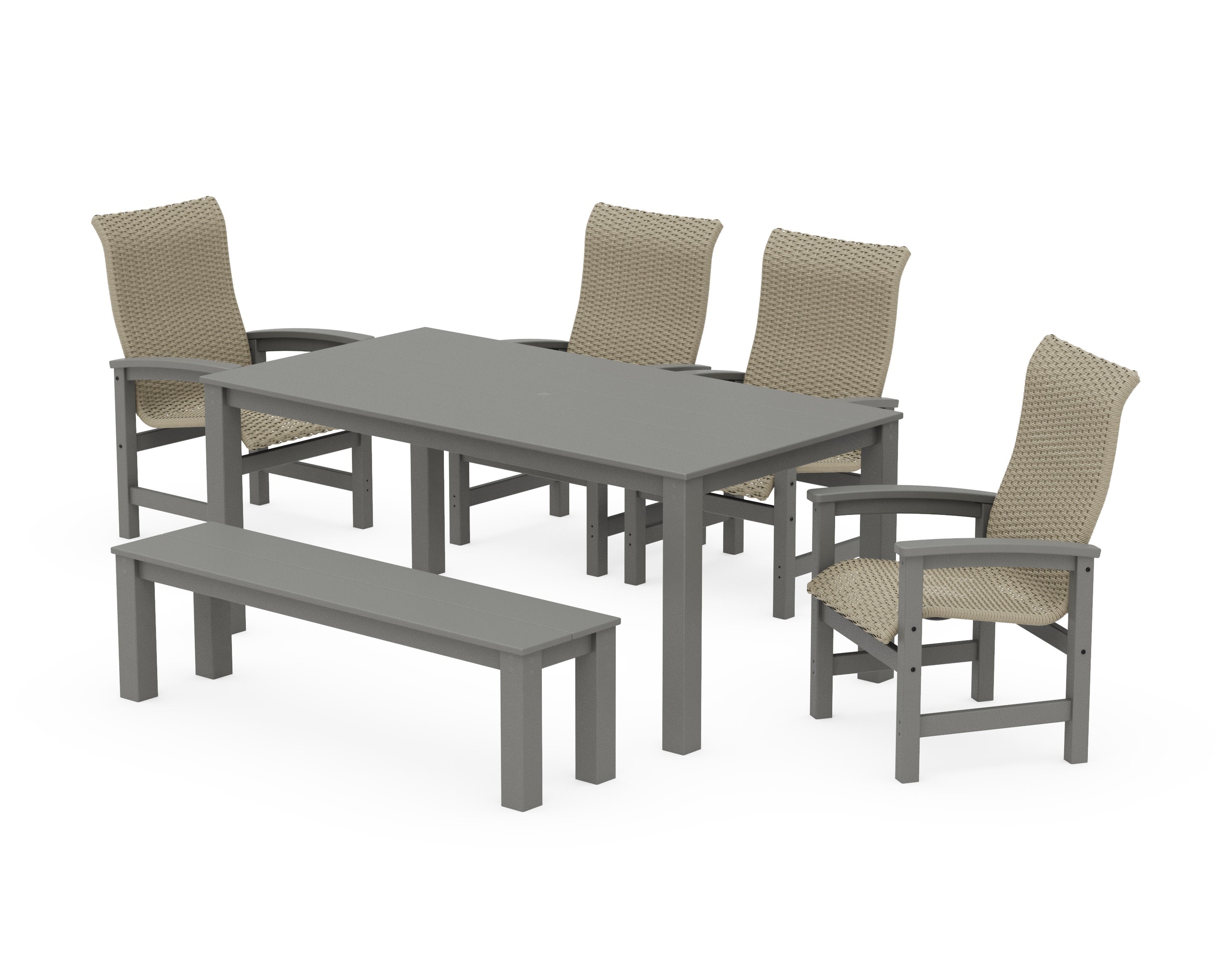 Coastal Woven High-Back 6-Piece Parsons Dining Set with Bench in Slate Grey / Dune Grass