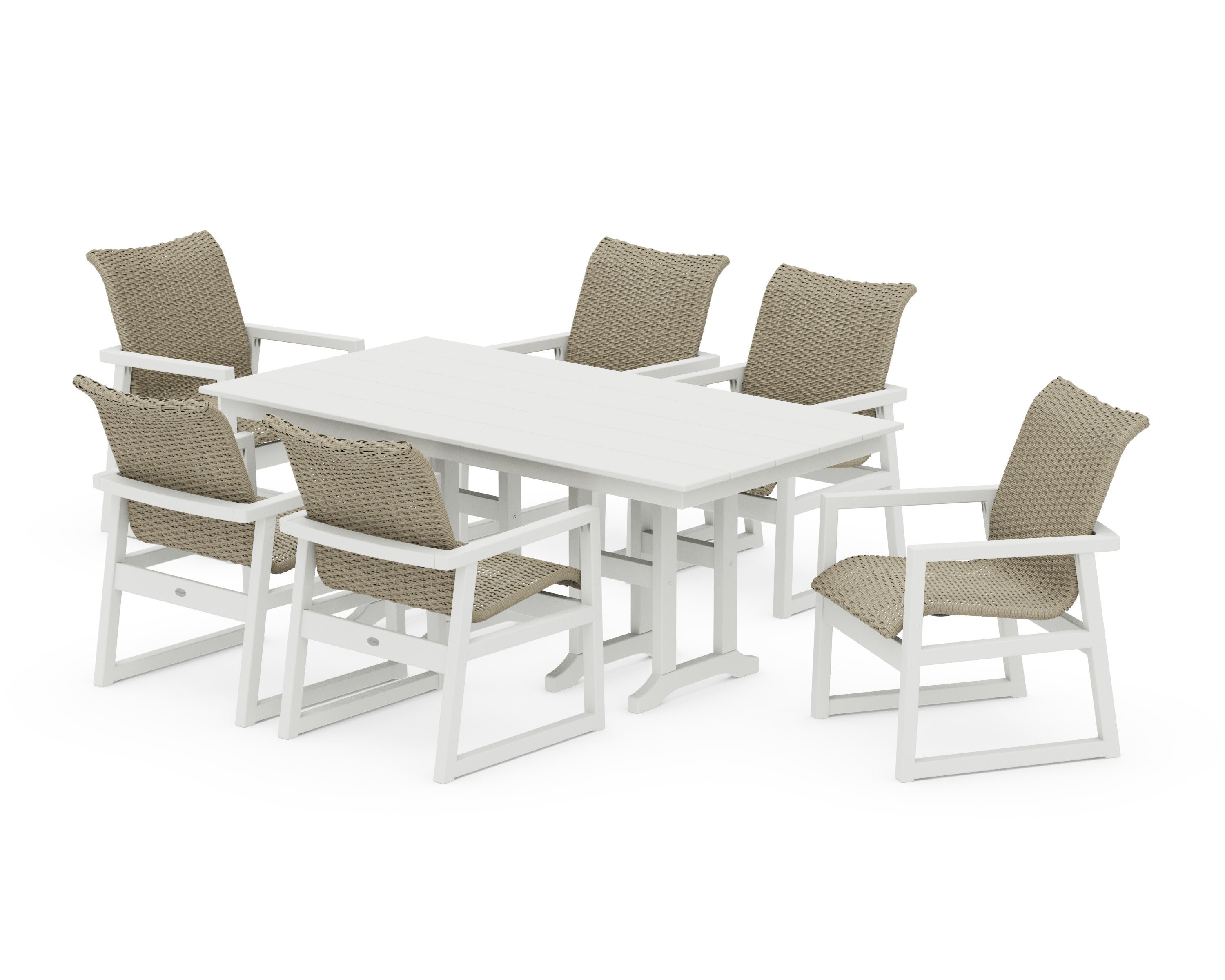 EDGE Woven Arm Chair 7-Piece Farmhouse Dining Set in Vintage White / Dune Grass
