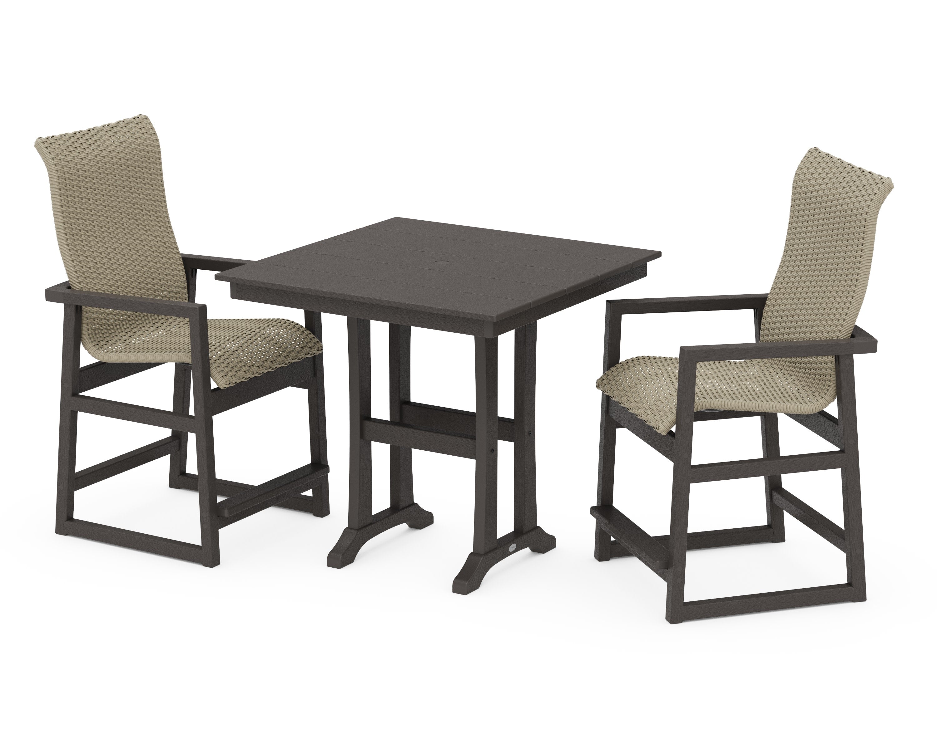 EDGE Woven Highback 3-Piece Farmhouse Counter Set with Trestle Legs in Vintage Coffee / Dune Grass