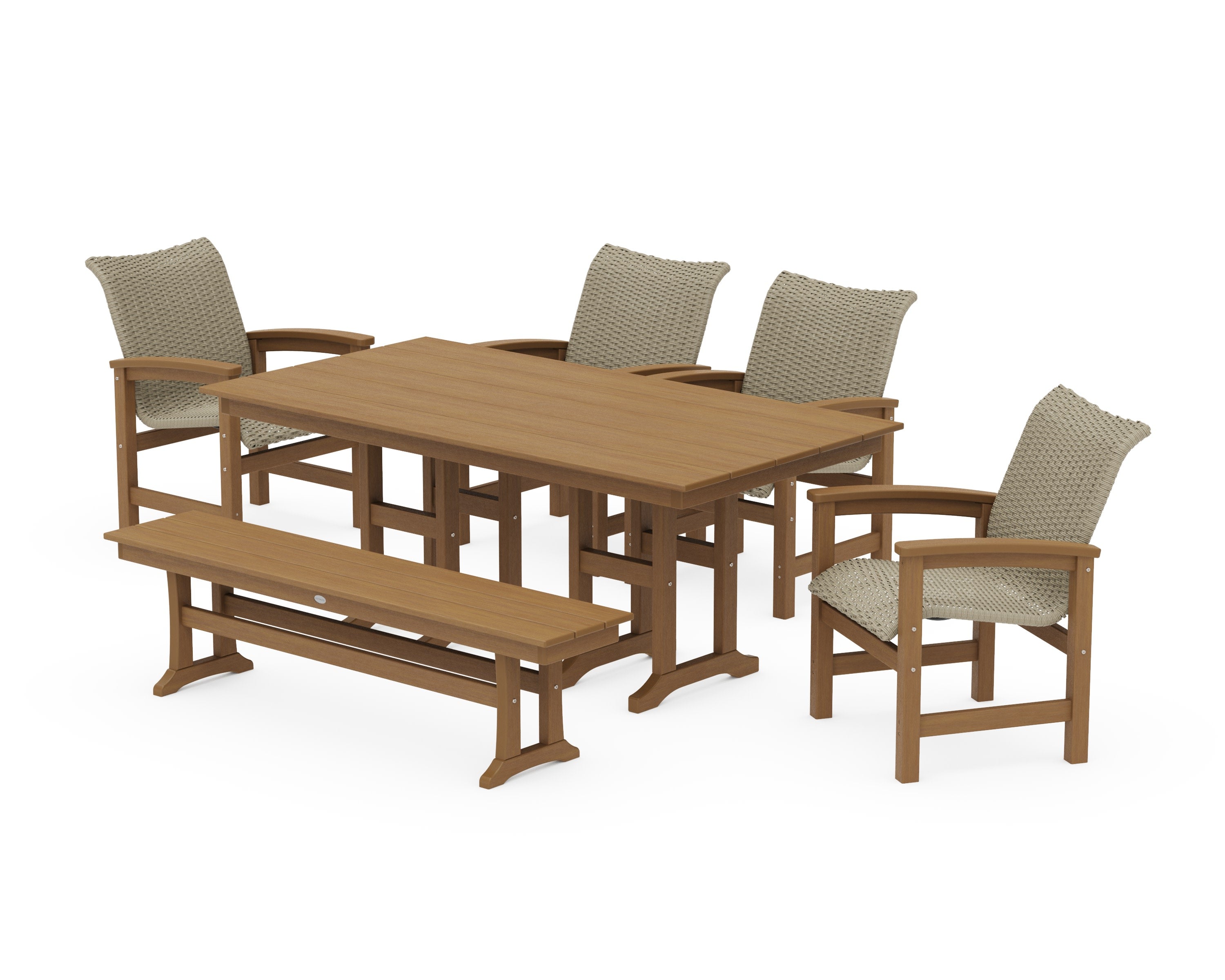 Coastal Woven 6-Piece Farmhouse Dining Set with Bench in Natural / Dune Grass