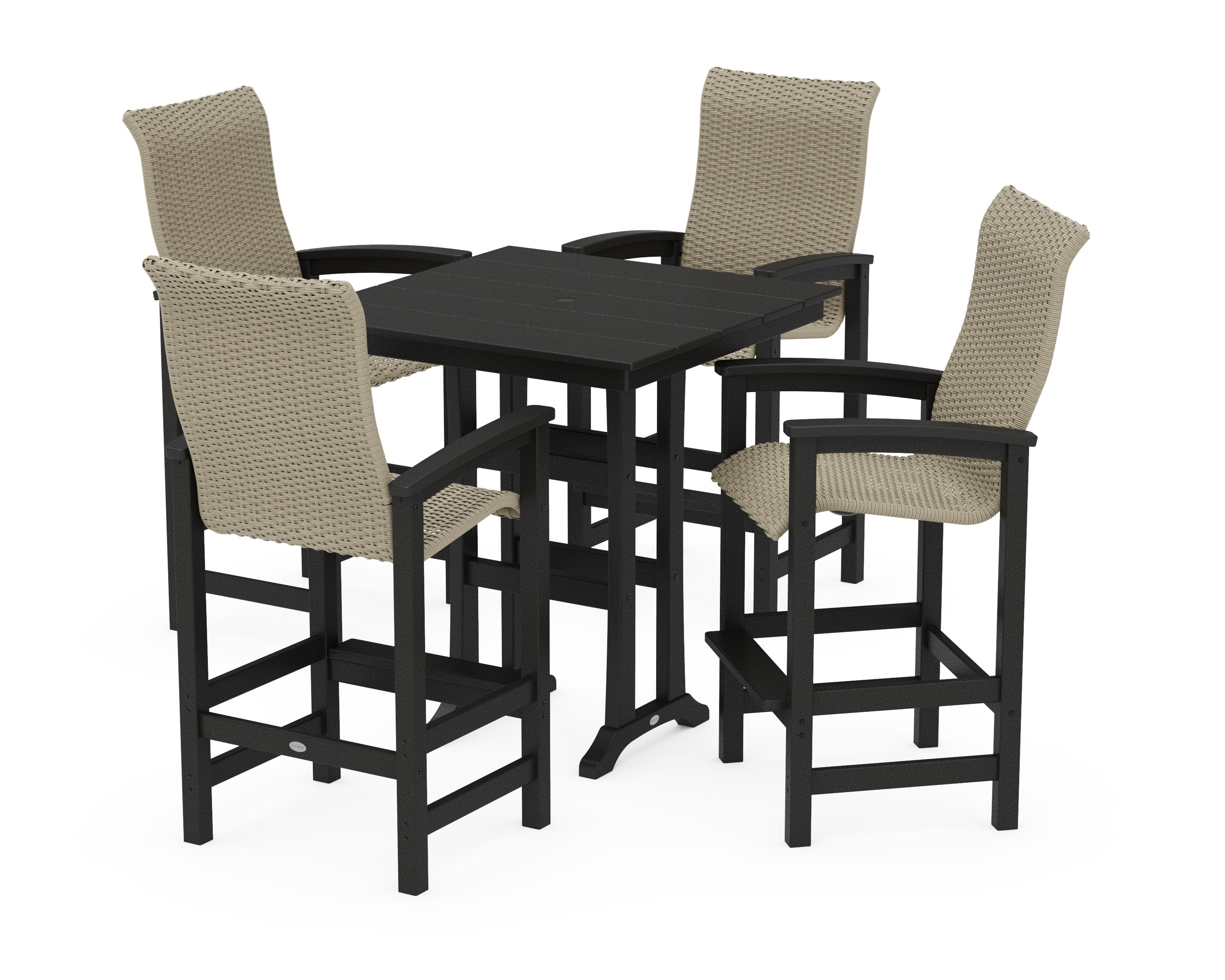 Coastal Woven High-Back 5-Piece Farmhouse Bar Set with Trestle Legs in Black / Dune Grass