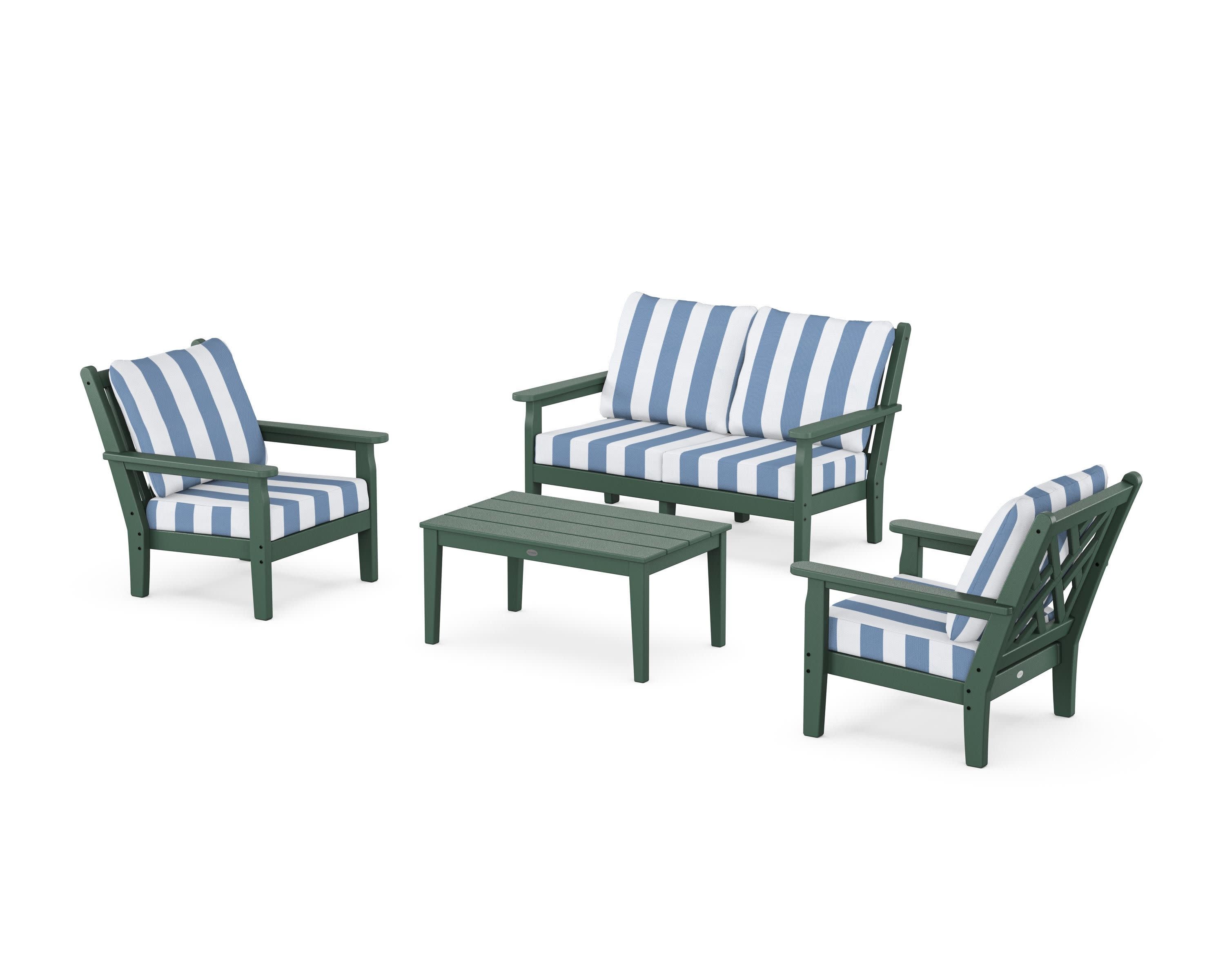 Chippendale 4-Piece Deep Seating Set with Loveseat in Green / Cabana Stripe Sky Blue