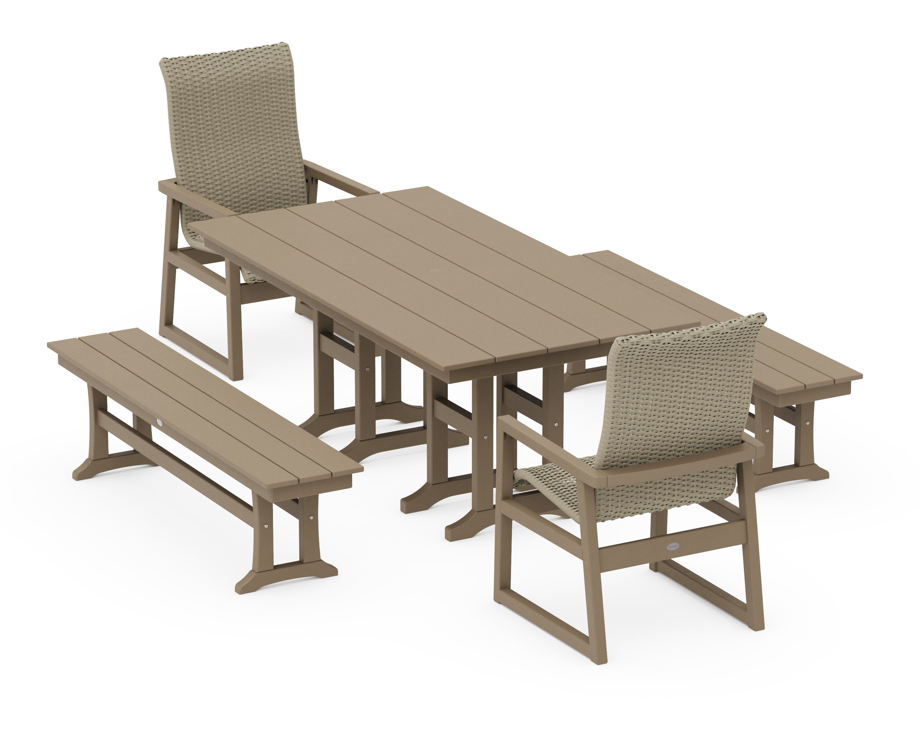 EDGE Woven Highback 5-Piece Farmhouse Dining Set with Benches in Vintage Sahara / Dune Grass