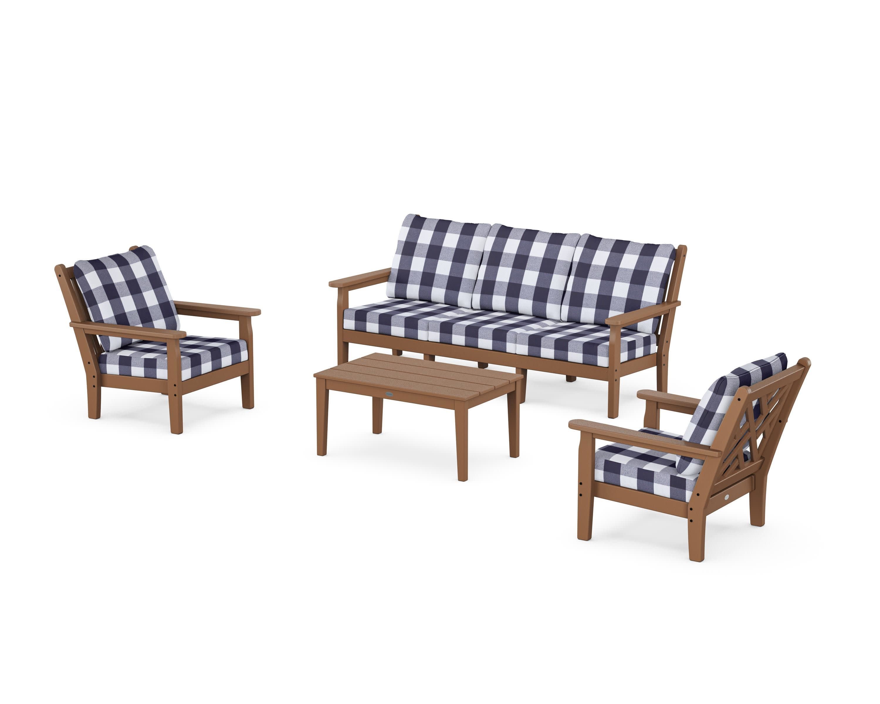 Chippendale 4-Piece Deep Seating Set with Sofa in Teak / Buffalo Plaid Navy