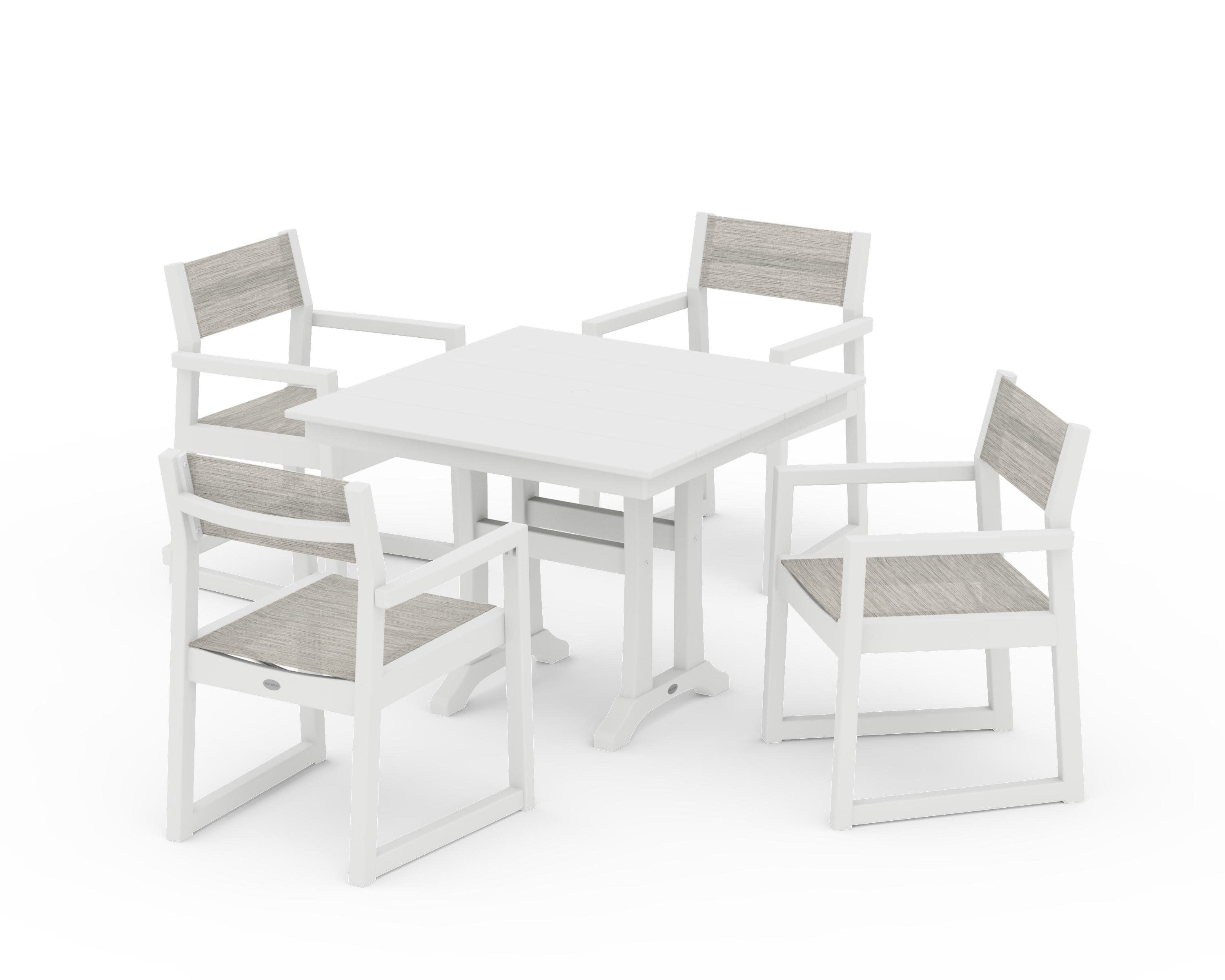 EDGE Sling 5-Piece Farmhouse Dining Set with Trestle Legs in White / Birch Sling