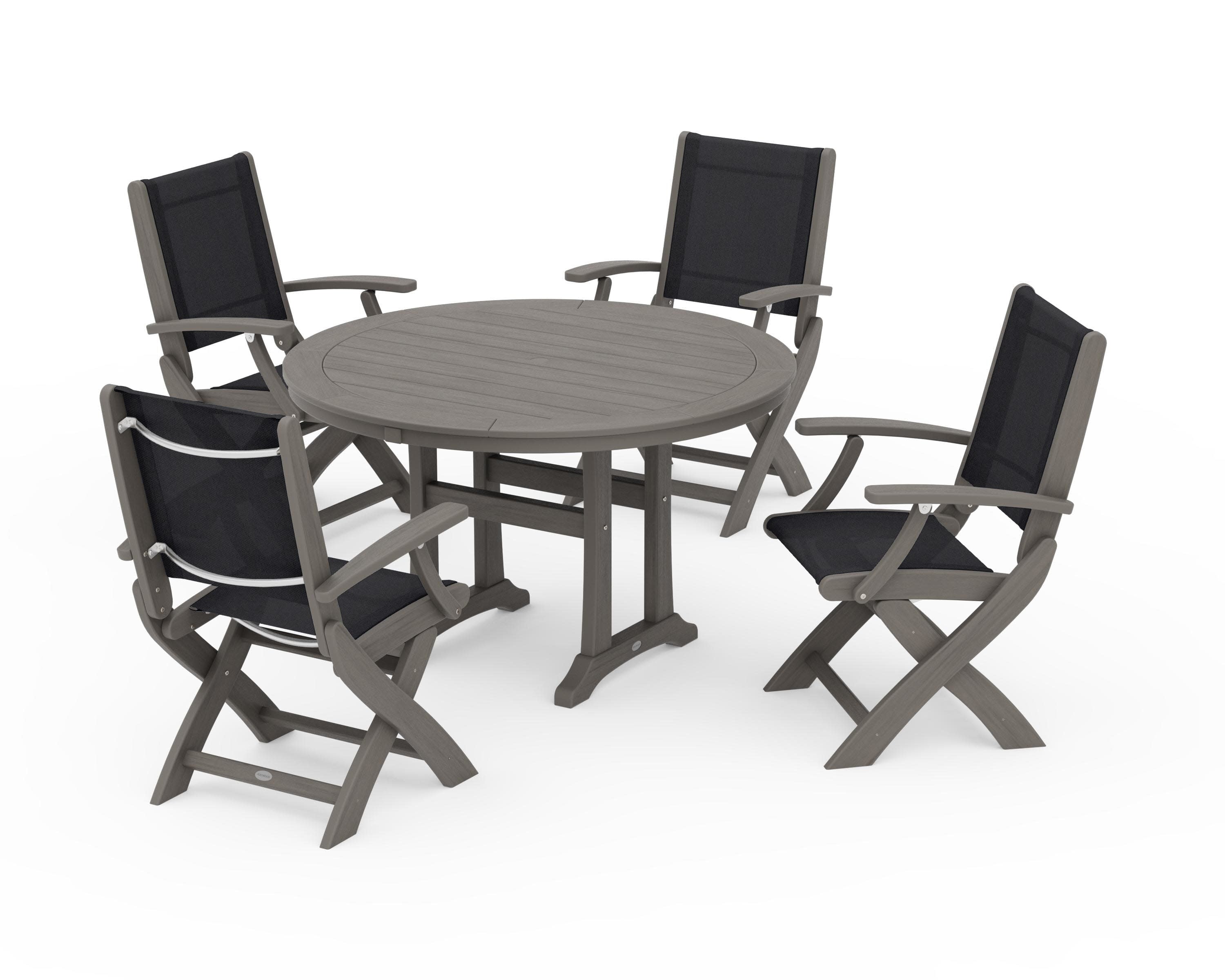 Coastal Folding Chair 5-Piece Round Dining Set with Trestle Legs in Driftwood / Black Sling