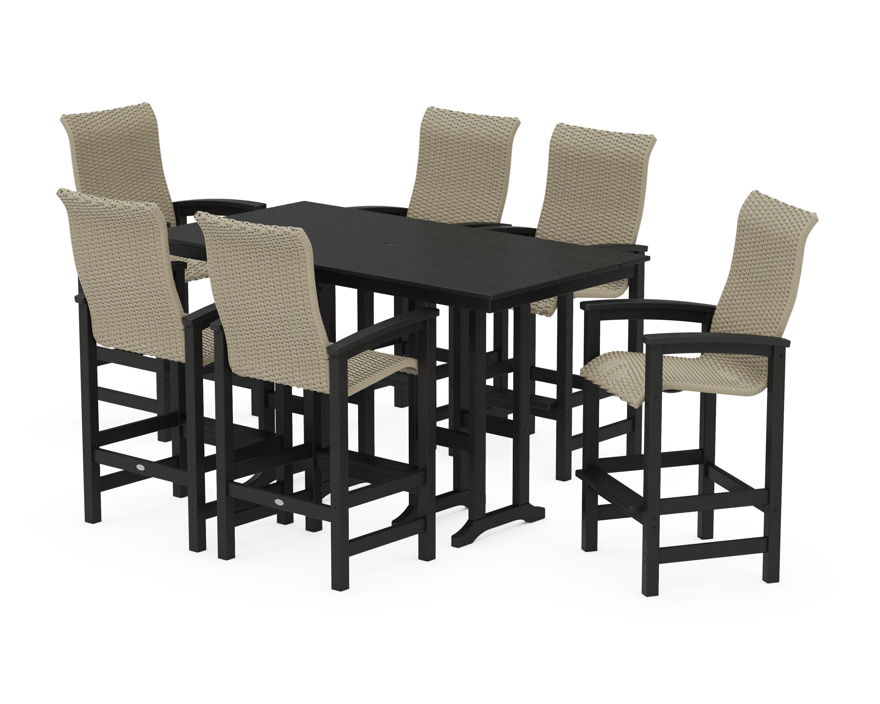 Coastal Woven High-Back Arm Chair 7-Piece Farmhouse Bar Set in Black / Dune Grass