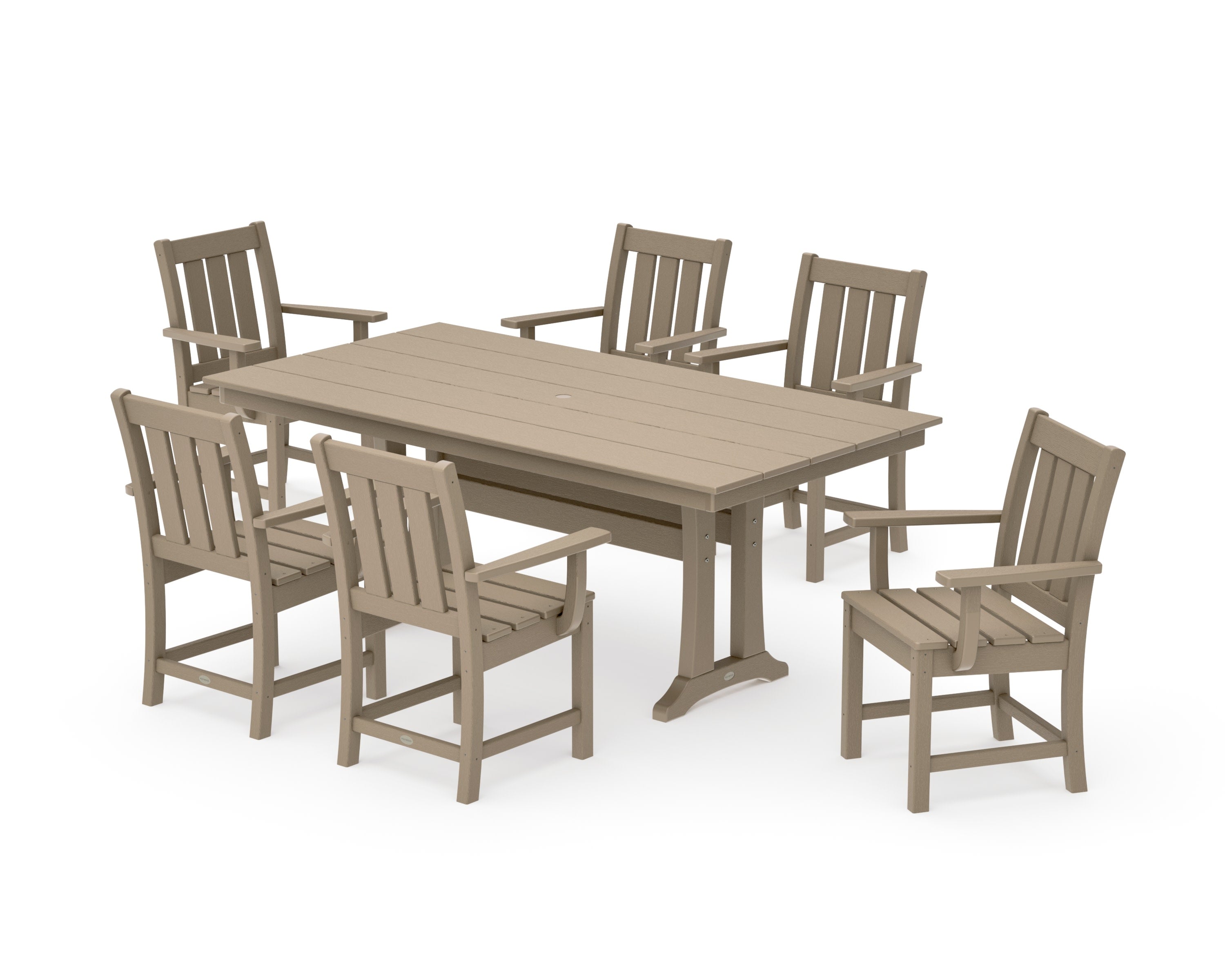 Oxford Arm Chair 7-Piece Farmhouse Dining Set with Trestle Legs in Vintage Sahara