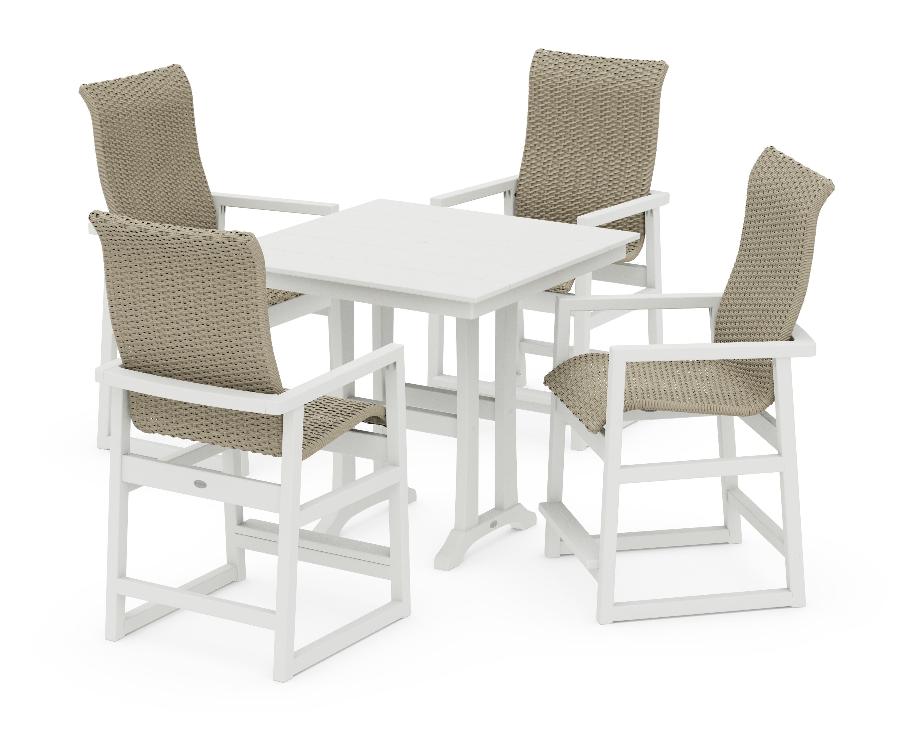 EDGE Woven Highback 5-Piece Farmhouse Counter Set with Trestle Legs in Vintage White / Dune Grass