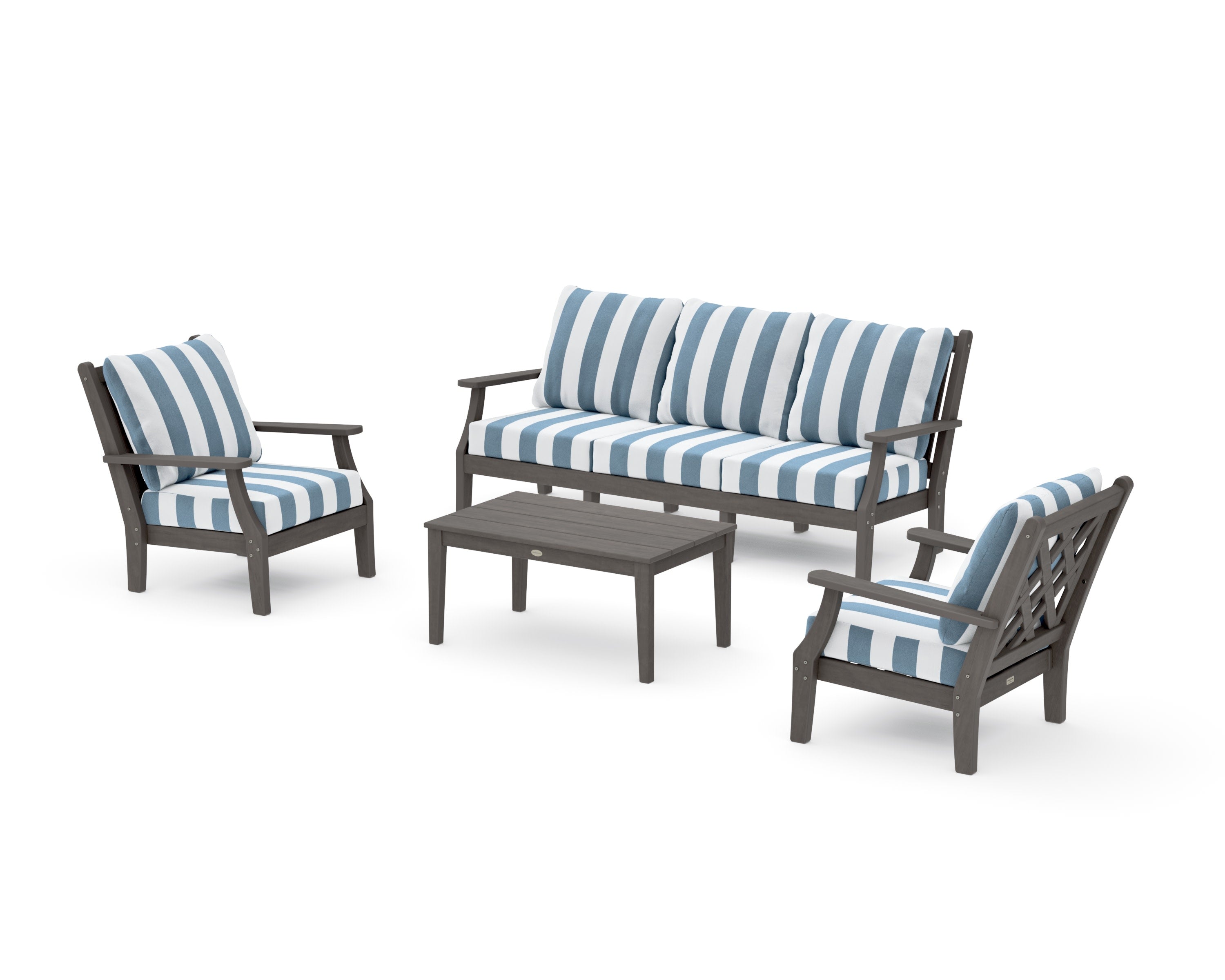 Wovendale 4-Piece Deep Seating Set with Sofa in Driftwood / Cabana Stripe Sky Blue