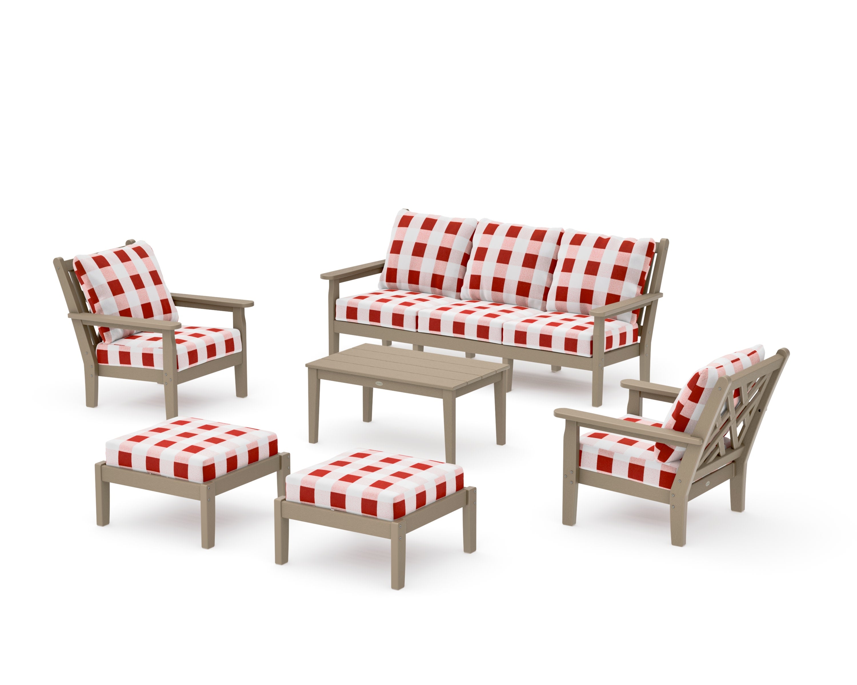 Chippendale 6-Piece Lounge Sofa Set in Vintage Sahara / Buffalo Plaid Crimson