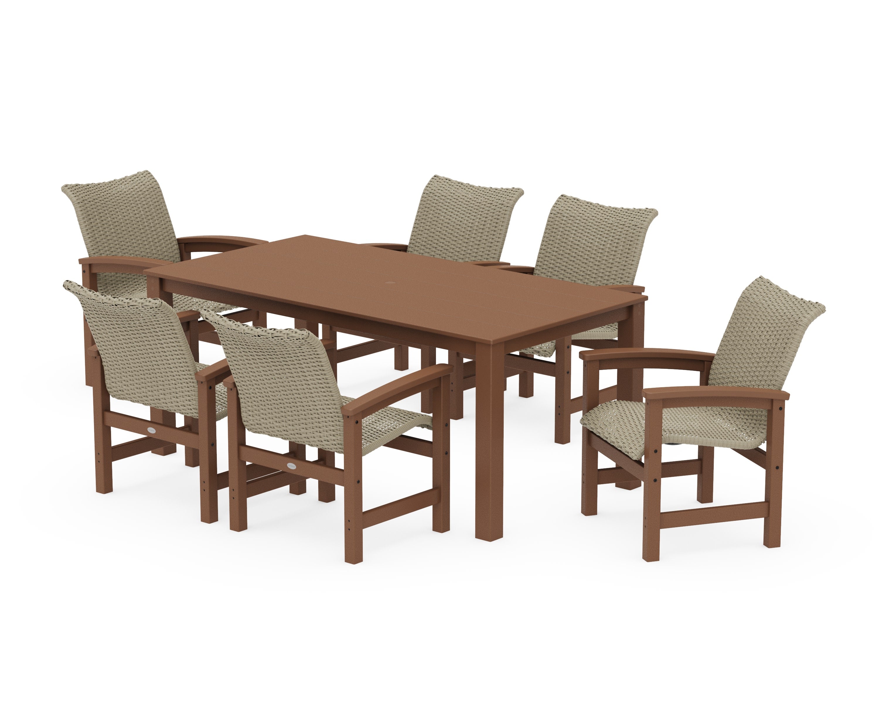 Coastal Woven Arm Chair 7-Piece Parsons Dining Set in Teak / Dune Grass