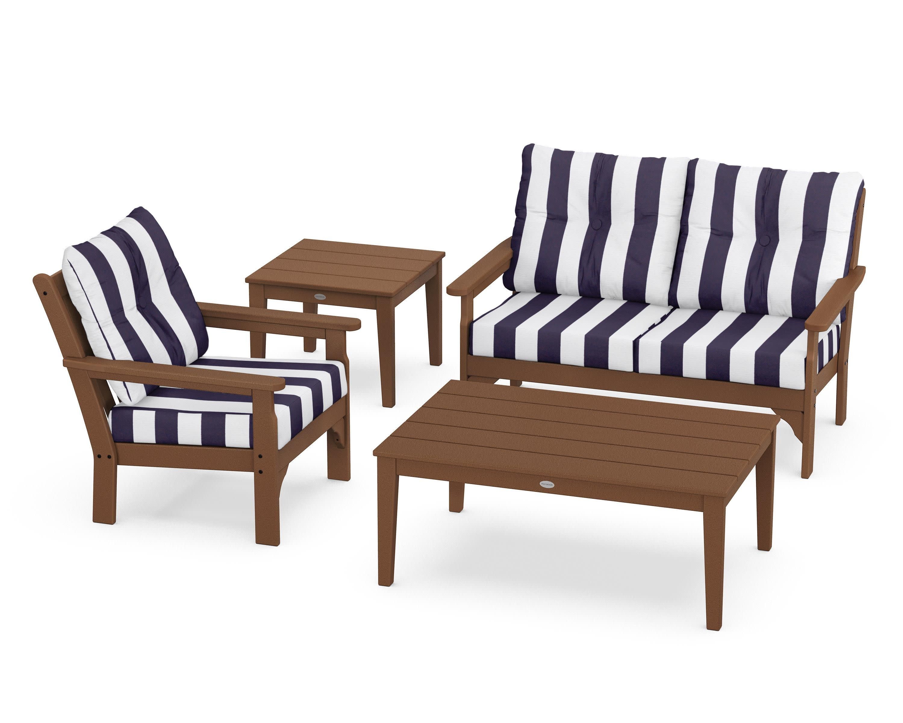 Vineyard 4-Piece Deep Seating Set in Teak / Cabana Stripe Navy